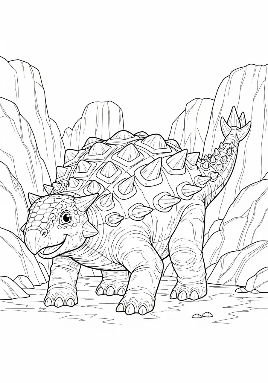 Spiky Ankylosaurus Armor Protection Coloring Page -- prompt: "black lines only Cheerful Ankylosaurus with bold geometric armor plates and club tail stands proudly among simple rock formations, smiling friendly face, thick black outlines, large open spaces perfect for crayons, playful prehistoric scene designed for children's coloring enjoyment flat black lines, premium coloring page, coloring sheet, line drawing, Coloring Book, NO COLOR, NO SHADING, WHITE BACKGROUND. NO GRAY, BLACK AND WHITE, NO COLOR" -- This heavily armored Ankylosaurus shows off its impressive defensive features, including rows of bony plates and spikes covering its entire back and sides. The detailed texture work and intricate armor patterns make this an excellent choice for adults who enjoy complex coloring challenges. Kids will love learning about how this 'living tank' of the dinosaur world used its natural armor and club tail for protection.