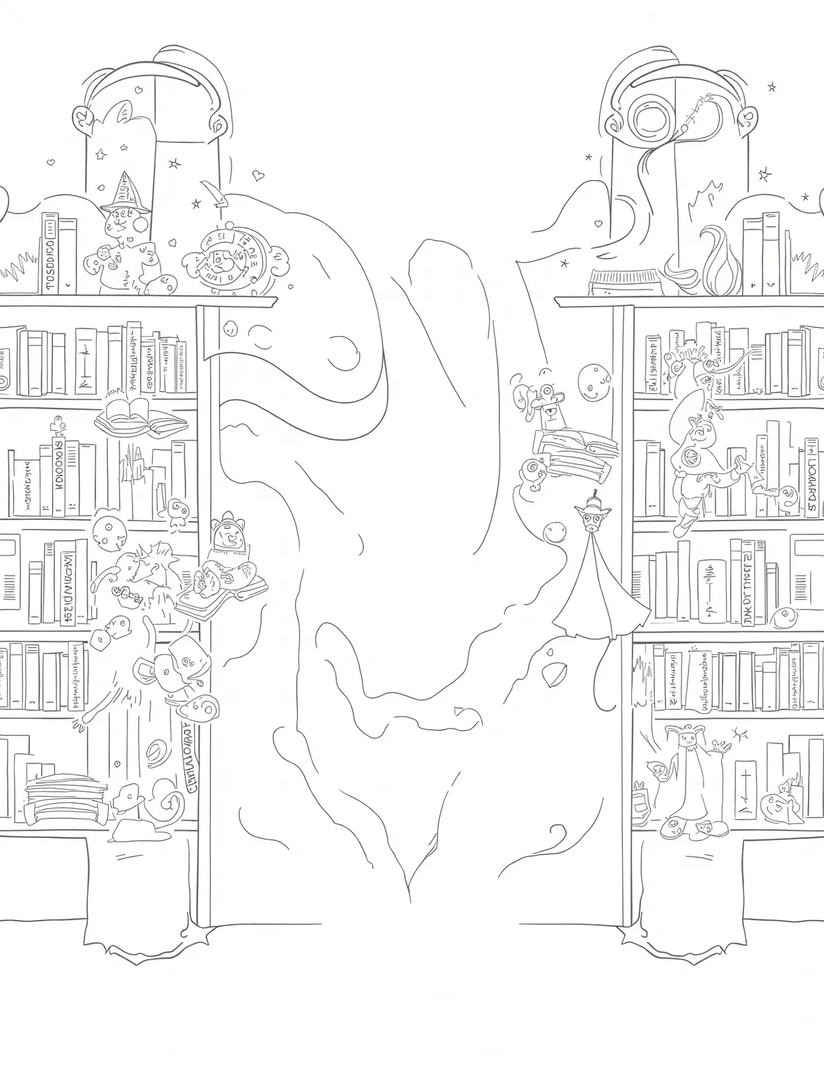 Haunted Bookshop After Dark -- prompt: "black lines only Playful line art bookshop scene: Shelves curve like waves, ghostly outlines browse. Cartoon characters escape pages—wizards cast spells, pirates sword-fight. Friendly specters float, reading. Oversized books create doorways. Whimsical details perfect for coloring: swirling text, starry night sky peeking through windows. flat black lines, premium coloring page, coloring sheet, line drawing, Coloring Book, NO COLOR, NO SHADING, WHITE BACKGROUND. NO GRAY, BLACK AND WHITE, NO COLOR" -- Step into a world of spooky stories with this atmospheric Halloween coloring page. A cozy yet eerie bookshop comes alive at night, with book characters emerging from their pages and friendly ghosts browsing the shelves. This detailed scene celebrates the magic of literature with a Halloween twist, ideal for book lovers and those who appreciate a subtler spooky aesthetic.