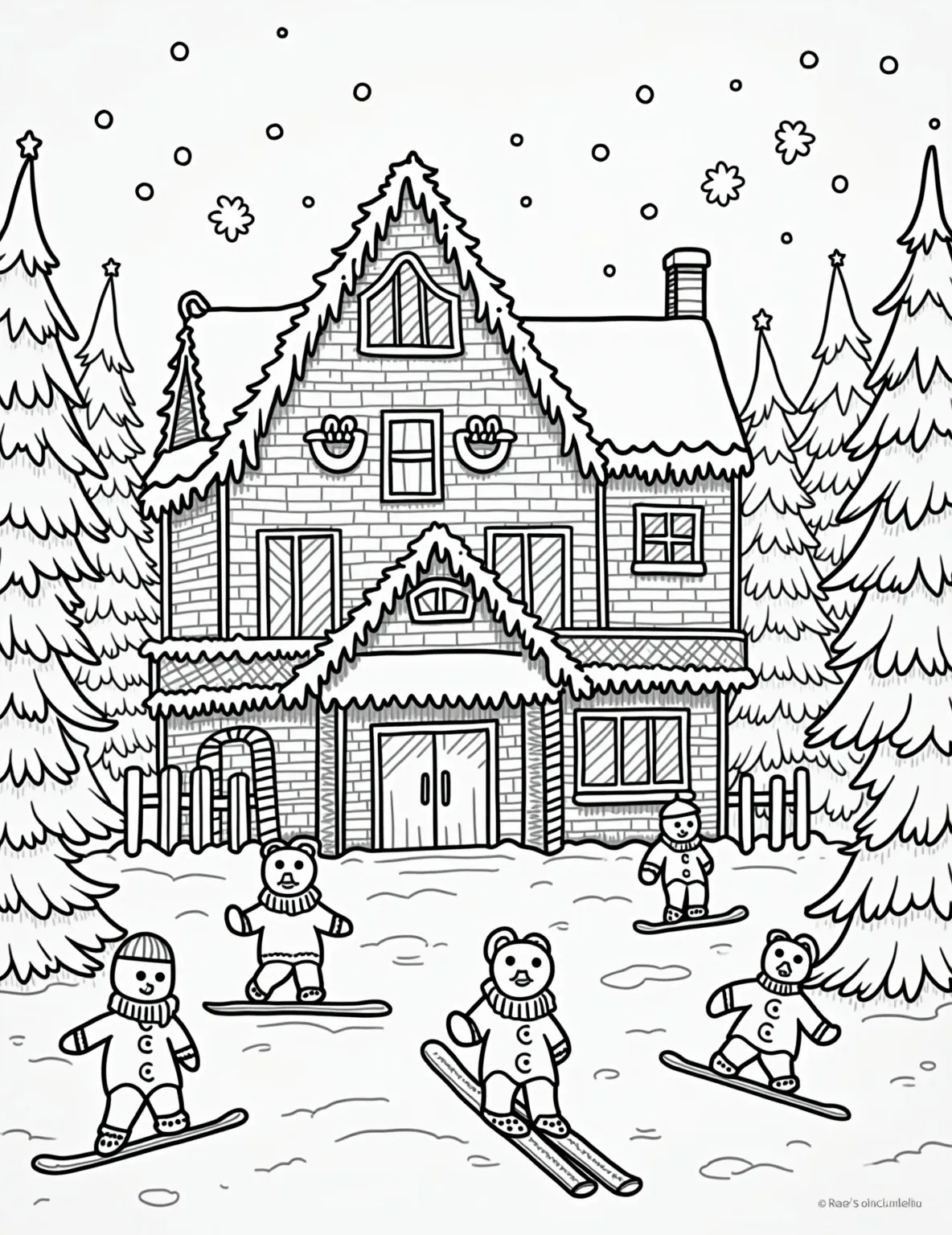 Ski Lodge Gingerbread Getaway -- prompt: "black lines only Cheerful gingerbread ski lodge nestled in snowy candy mountains. Bold outlines frame frosted windows, peppermint stick poles, and gummy bear trees. Gingerbread skiers with licorice limbs swoosh down sugary slopes. Marshmallow snowdrifts and chocolate rivers create a sweet winter wonderland. flat black lines, premium coloring page, coloring sheet, line drawing, Coloring Book, NO COLOR, NO SHADING, WHITE BACKGROUND. NO GRAY, BLACK AND WHITE, NO COLOR" -- This wintery scene features a cozy gingerbread ski lodge nestled in candy-coated mountains. The roof is dusted with powdered sugar snow, icicles made of clear rock candy hang from the eaves, and tiny gingerbread skiers glide down slopes of white frosting. It's a perfect page for winter sports enthusiasts.