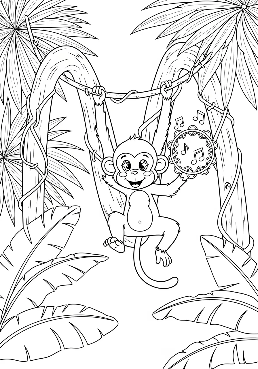Mischievous Monkey's Musical Marathon Coloring Page -- prompt: "black lines only Fun coloring book page featuring cheerful cartoon monkey with expressive eyes swinging joyfully from thick jungle vines forming perfect M-shape, gripping decorated tambourine with musical notes floating nearby, surrounded by large tropical palm fronds and banana leaves with bold black outlines flat black lines, premium coloring page, coloring sheet, line drawing, Coloring Book, NO COLOR, NO SHADING, WHITE BACKGROUND. NO GRAY, BLACK AND WHITE, NO COLOR" -- Swing into alphabet fun with this energetic 'M' coloring page featuring a playful monkey! The monkey hangs from jungle vines that naturally form the letter M while playing a tiny tambourine. This lively scene combines music, movement, and learning, perfect for kids who love both animals and rhythm.