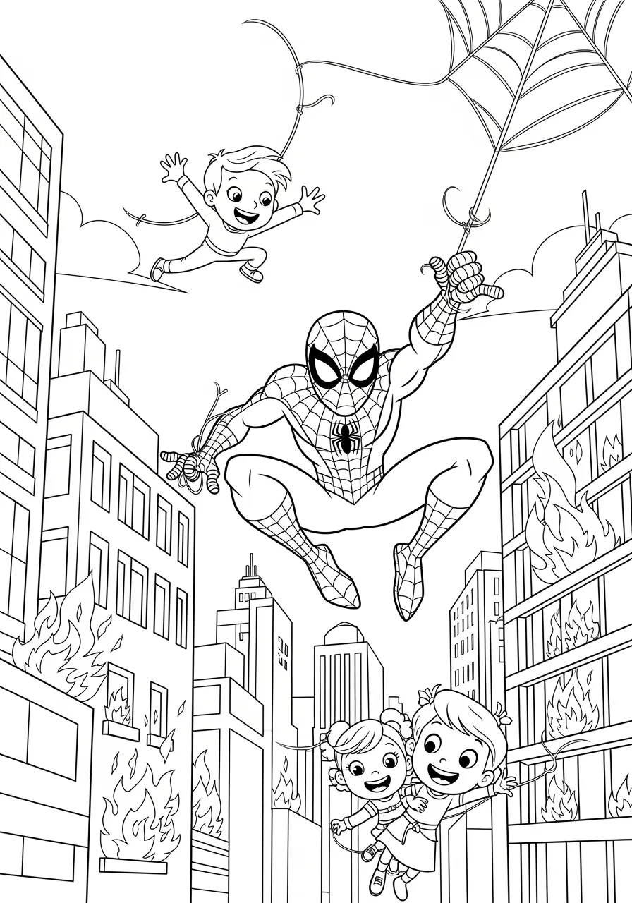 Spiderman Building Rescue Mission Coloring Page -- prompt: "black lines only Heroic Spiderman swinging between towering city buildings on thick web lines, carrying grateful families to safety from flames shooting from windows, bold black outlines perfect for coloring, cheerful cartoon style with simple shapes and clear boundaries flat black lines, premium coloring page, coloring sheet, line drawing, Coloring Book, NO COLOR, NO SHADING, WHITE BACKGROUND. NO GRAY, BLACK AND WHITE, NO COLOR" -- This heroic coloring page shows Spiderman at his finest, using his incredible powers to save people from danger. The scene captures the superhero using his web-shooters to create escape routes from a tall building, demonstrating both his bravery and quick thinking. Young artists will love coloring this inspiring scene that showcases what it truly means to be a hero.