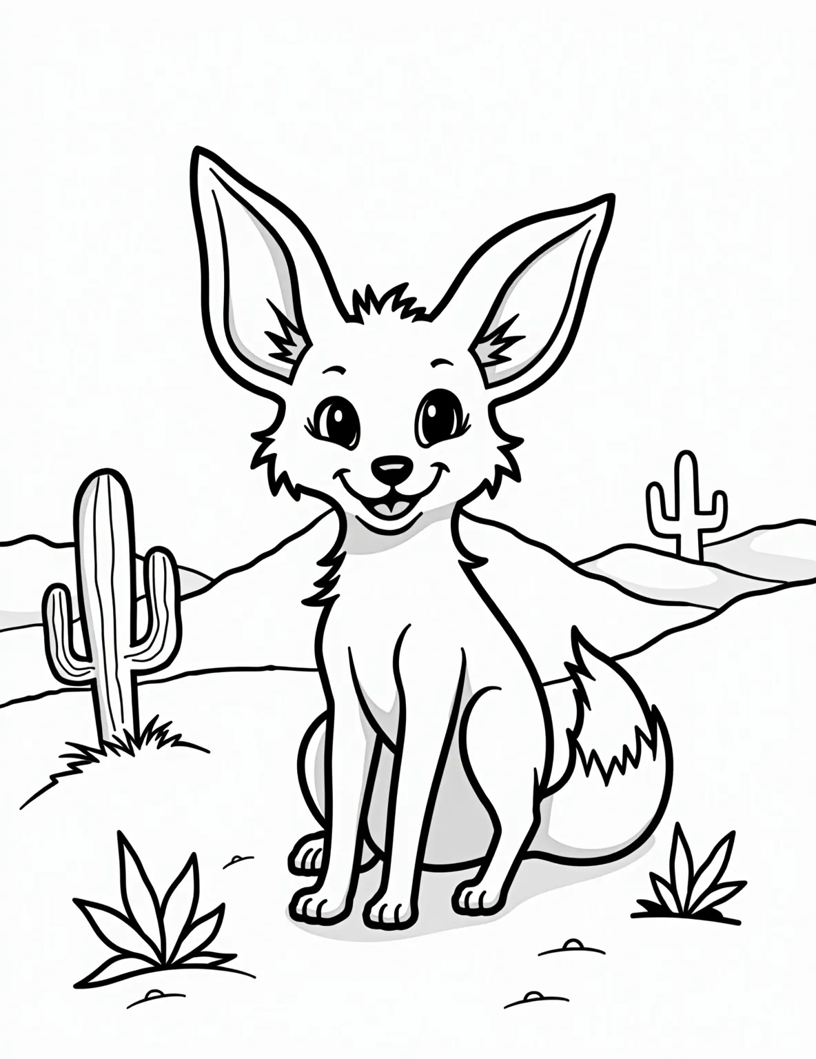 Fennec Fox in the Desert -- prompt: "black lines only A playful fennec fox with exaggerated ears outlined in bold black lines. Desert landscape features simplified sand dunes and stylized cacti. Large, empty spaces for coloring. Cute expressions and rounded shapes. Child-friendly design with thick outlines. Easy-to-color elements for all ages. Fun, approachable flat black lines, premium coloring page, coloring sheet, line drawing, Coloring Book, NO COLOR, NO SHADING, WHITE BACKGROUND. NO GRAY, BLACK AND WHITE, NO COLOR" -- Explore a different type of fox with this coloring page featuring a fennec fox. With its characteristic large ears, the fennec fox is shown amid sand dunes and desert plants. This page is great for learning about different fox species and their habitats.