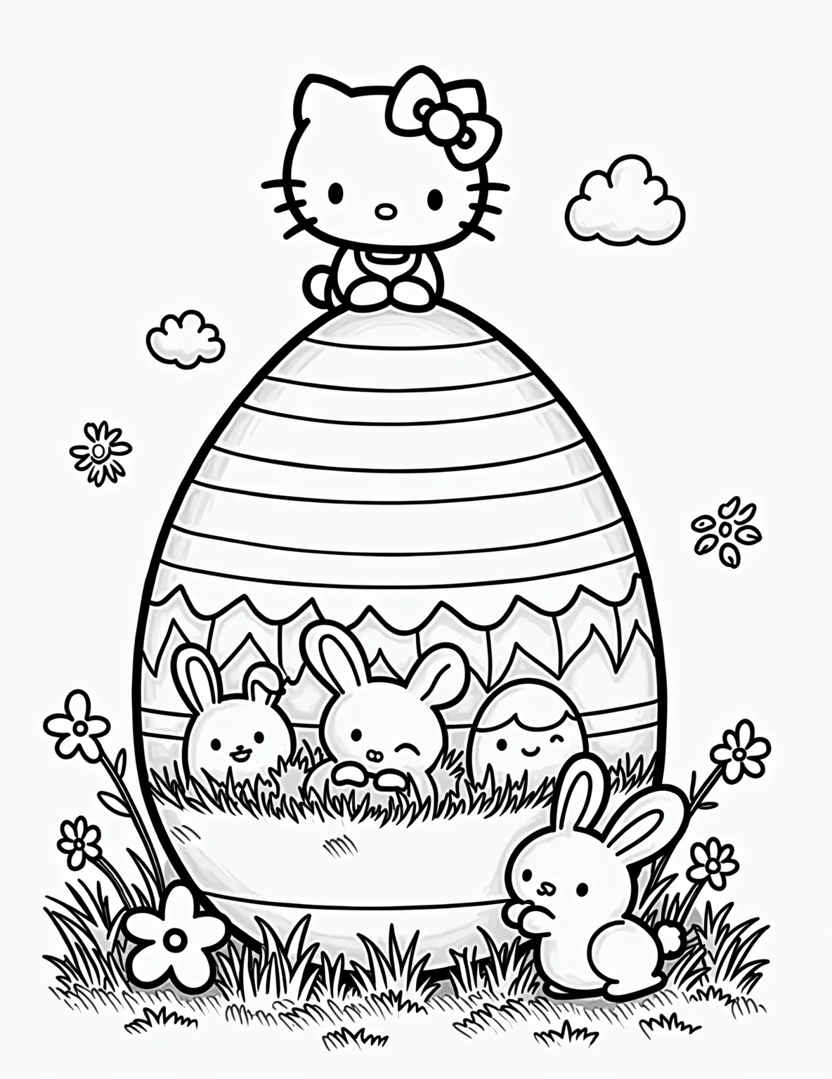 Hello Kitty's Easter Parade Float -- prompt: "black lines only Hello Kitty and friends perched atop a giant Easter egg float. Blooming flowers, ribbons, and bunnies adorn the egg's surface. Bold outlines define each character and element, creating a cheerful, easy-to-color scene perfect for a festive coloring book page. flat black lines, premium coloring page, coloring sheet, line drawing, Coloring Book, NO COLOR, NO SHADING, WHITE BACKGROUND. NO GRAY, BLACK AND WHITE, NO COLOR" -- This elaborate coloring page showcases Hello Kitty on a spectacular Easter parade float. The float is shaped like a giant Easter egg, decorated with flowers, ribbons, and Easter motifs. Hello Kitty and her friends are waving to the crowd from atop the float.