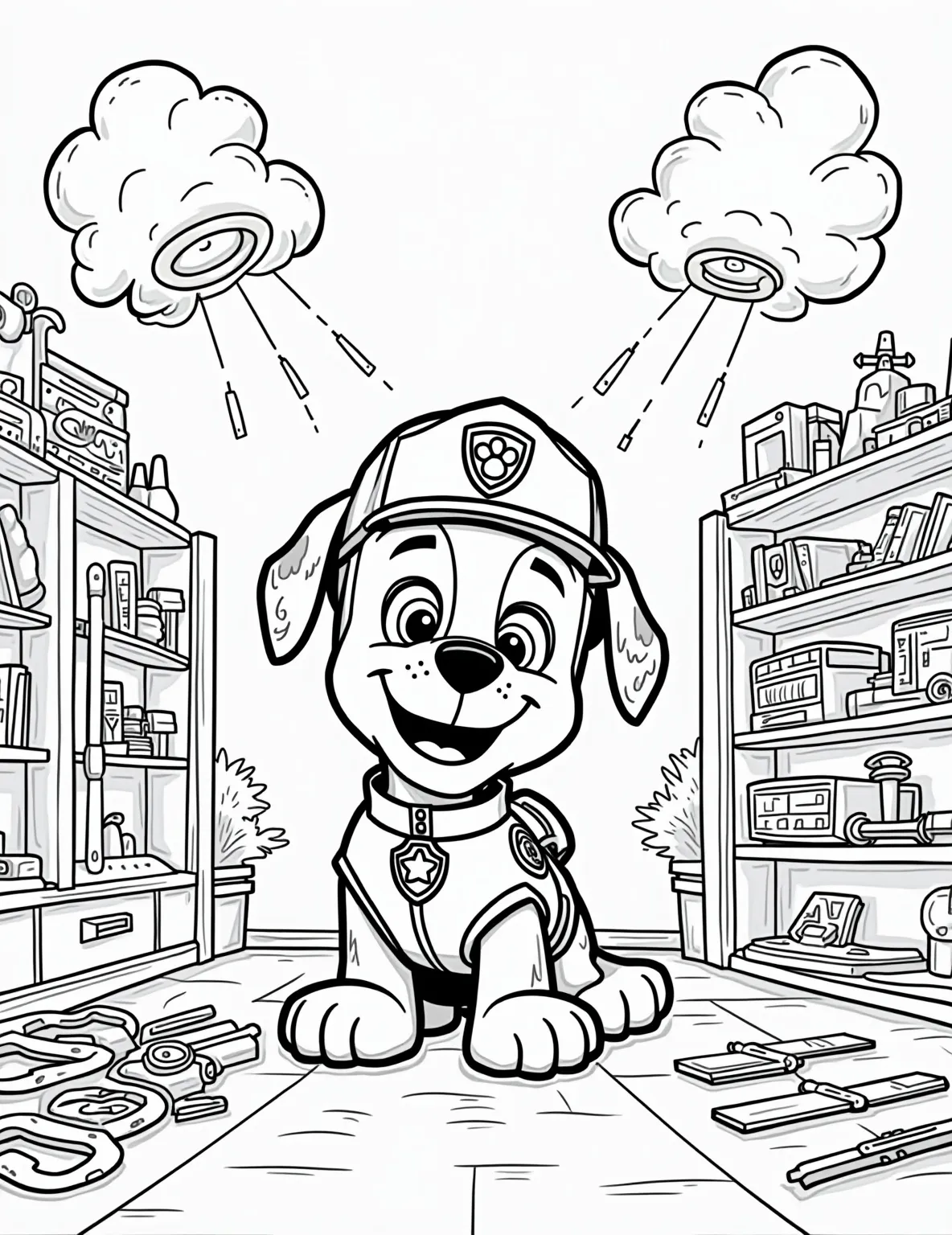 Ryder's Inventor Workshop -- prompt: "black lines only Ryder's inventor workshop bursts with playful energy in a bold, line-art style. Oversized tools dangle from cartoon clouds. Quirky gadgets with exaggerated features fill maze-like shelves. Half-finished Paw Patrol inventions sprout comical springs and gears. Ryder, centrally positioned, grins mischievously, surrounded by flat black lines, premium coloring page, coloring sheet, line drawing, Coloring Book, NO COLOR, NO SHADING, WHITE BACKGROUND. NO GRAY, BLACK AND WHITE, NO COLOR" -- Step into Ryder's creative space with this detailed coloring page! The scene shows Ryder surrounded by tools, gadgets, and half-finished inventions for the pups. This intricate design is perfect for older children or adults who enjoy coloring complex scenes and imagining new technologies for the Paw Patrol team.