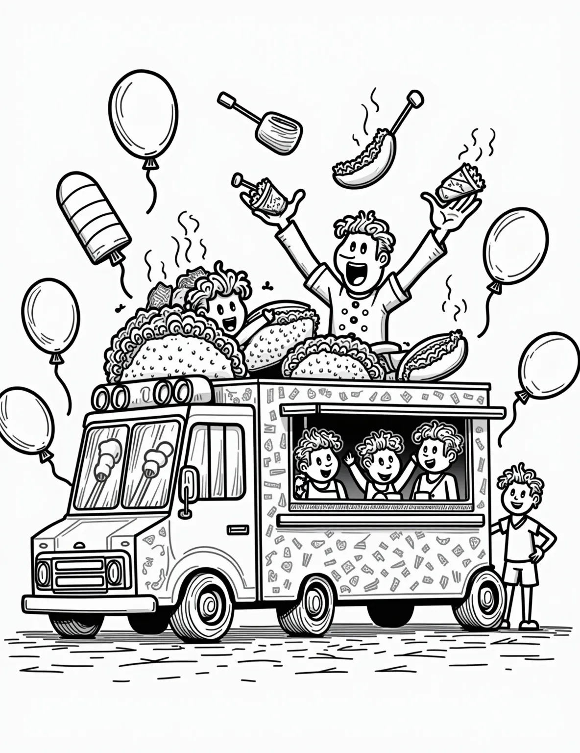 Food Truck Fun Coloring Page -- prompt: "black lines only Bustling food truck scene with bold outlines. Steaming tacos, sizzling hot dogs, and colorful ice pops surround the central truck. Cheerful customers queue up, balloons float overhead. Nearby, a juggling chef entertains. Simple shapes and patterns create a lively, appetizing coloring page. flat black lines, premium coloring page, coloring sheet, line drawing, Coloring Book, NO COLOR, NO SHADING, WHITE BACKGROUND. NO GRAY, BLACK AND WHITE, NO COLOR" -- Roll up to our Food Truck Fun coloring page! A detailed food truck takes center stage, complete with a menu board and serving window. Around the truck, various street foods are displayed, offering a diverse range of items to color and explore.