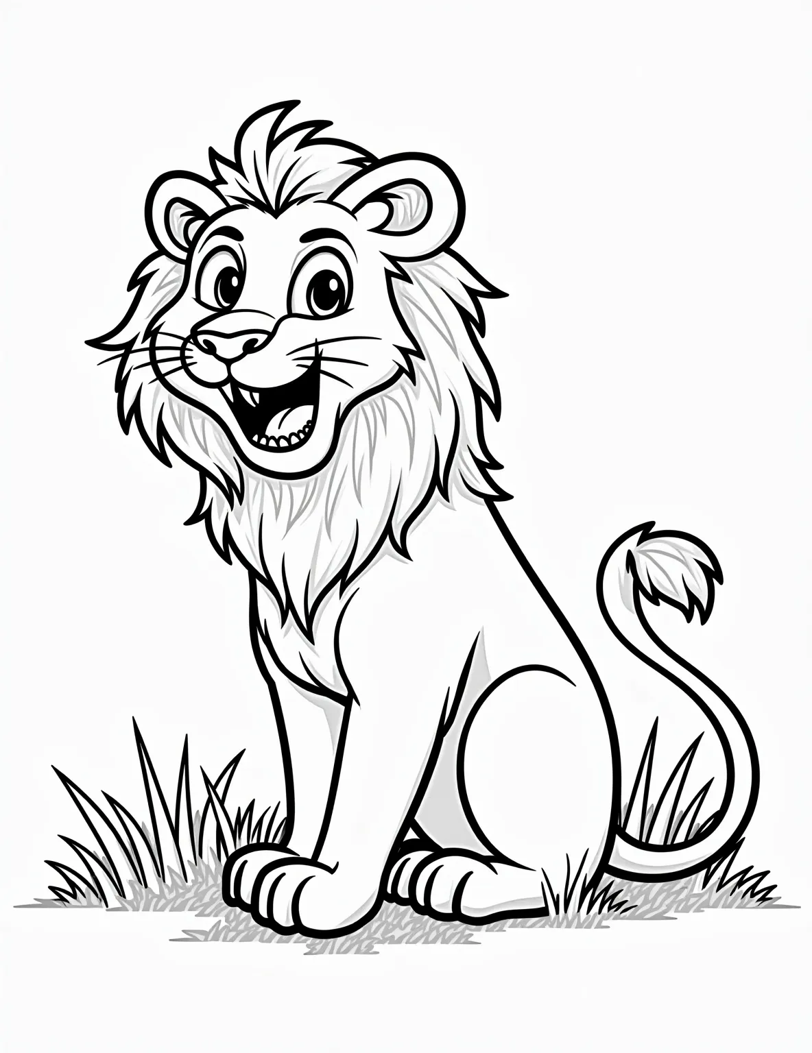 Lioness on the Hunt -- prompt: "black lines only Lioness with exaggerated features, thick black outlines. Stylized grass swirls frame her muscular body. Wide eyes, sharp teeth visible. Simplified patterns on fur. Empty spaces for coloring. Playful yet fierce expression. Tail curled, ready to pounce. Child-friendly design for coloring book page. flat black lines, premium coloring page, coloring sheet, line drawing, Coloring Book, NO COLOR, NO SHADING, WHITE BACKGROUND. NO GRAY, BLACK AND WHITE, NO COLOR" -- This dynamic scene captures a lioness in mid-stride as she stalks her prey. Her muscular body and focused expression highlight the power and grace of these big cats. The savanna grasses in the foreground add depth to the image.