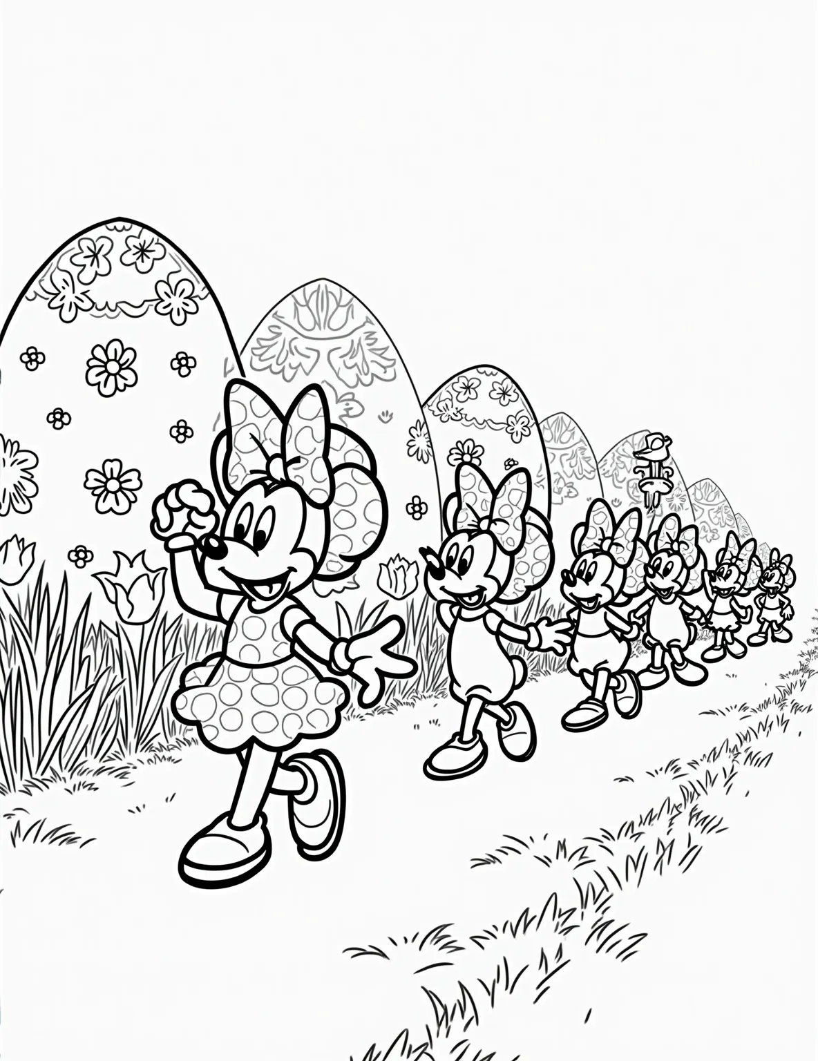 Minnie's Easter Bonnet Parade -- prompt: "black lines only Minnie Mouse leads Disney parade, Easter-themed coloring page. Characters outlined in bold black strokes, wearing bonnets adorned with simplified flowers and eggs. Mickey, Donald, Goofy follow, waving. Background features large, stylized Easter eggs and spring blooms. Cheerful scene with clear, child-friendly designs for easy coloring. flat black lines, premium coloring page, coloring sheet, line drawing, Coloring Book, NO COLOR, NO SHADING, WHITE BACKGROUND. NO GRAY, BLACK AND WHITE, NO COLOR" -- Minnie Mouse takes center stage in this delightful Easter-themed coloring page. She's wearing an elaborate Easter bonnet adorned with flowers, ribbons, and tiny eggs. Minnie is surrounded by other Disney characters, all showcasing their own unique Easter hats in a festive parade.