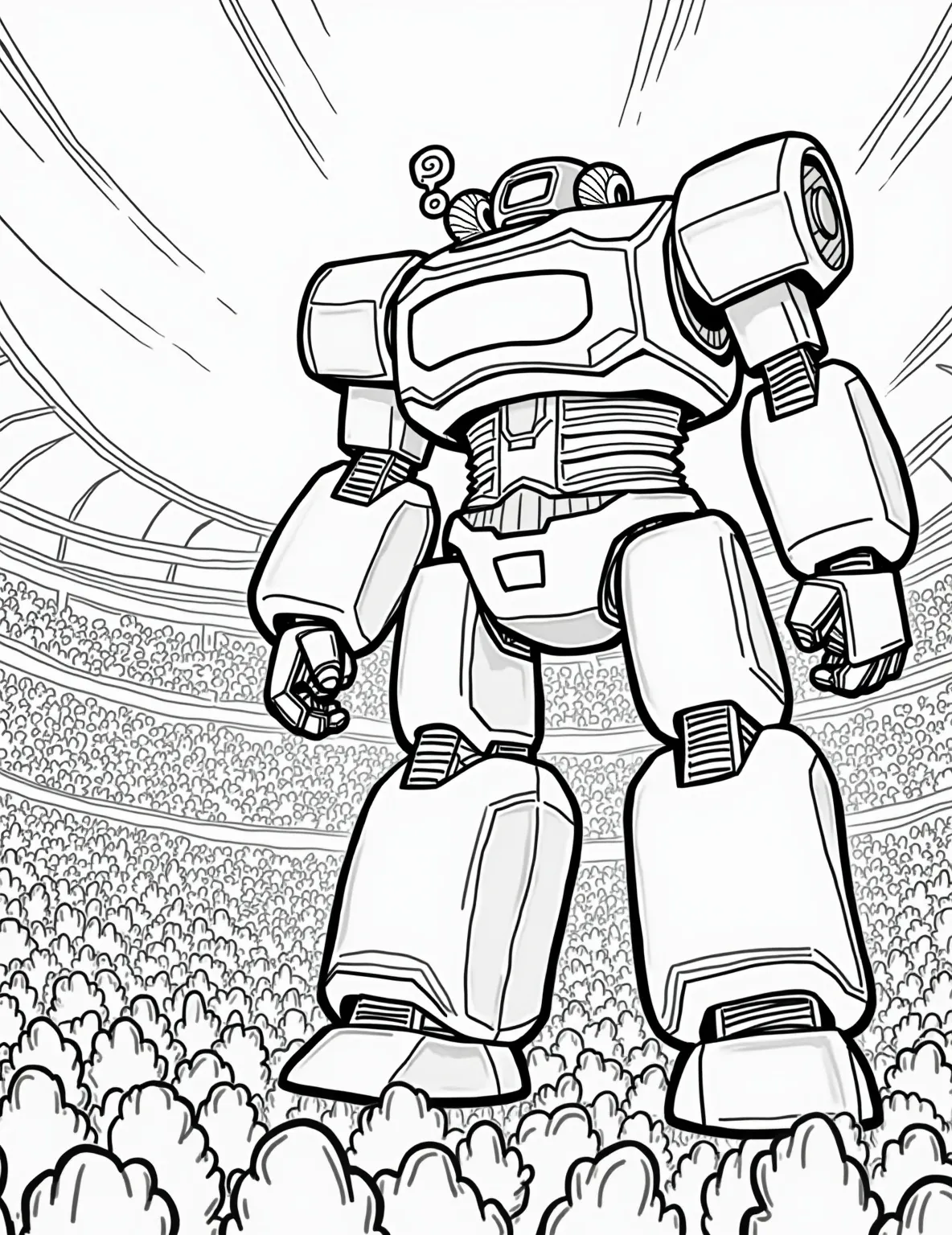 Robotic Battle Arena Coloring Page -- prompt: "black lines only Oversized robot outlines with exaggerated features, piloted by cartoonish boys. Arena backdrop filled with simple geometric shapes. Crowd depicted as repetitive stick figures. Bold, thick lines perfect for coloring. Futuristic elements stylized into basic forms. Exciting battle scene with motion lines. flat black lines, premium coloring page, coloring sheet, line drawing, Coloring Book, NO COLOR, NO SHADING, WHITE BACKGROUND. NO GRAY, BLACK AND WHITE, NO COLOR" -- Enter the world of high-tech combat with this thrilling robotic battle arena coloring page. It depicts two giant robots controlled by young pilots engaged in an epic duel. This page is ideal for boys who love robots, technology, and imagining futuristic scenarios.