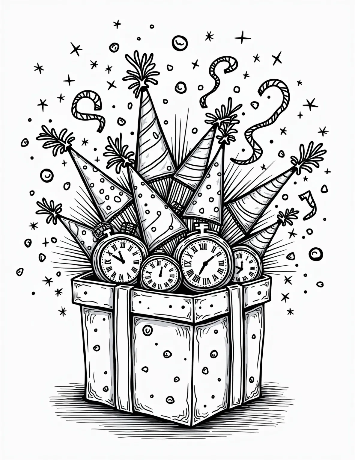 New Year's Eve Surprise Box -- prompt: "black lines only Playful line art of an overflowing gift box, bursting with party hats, noisemakers, and confetti. A large clock strikes midnight, champagne glasses clink. Swirling ribbons connect elements. Bold outlines perfect for coloring. Joyful New Year's Eve scene awaits creative embellishment. flat black lines, premium coloring page, coloring sheet, line drawing, Coloring Book, NO COLOR, NO SHADING, WHITE BACKGROUND. NO GRAY, BLACK AND WHITE, NO COLOR" -- Ring in the New Year with this exciting coloring page. A large gift box springs open, releasing a burst of New Year's party favors like noisemakers, confetti, and sparklers. A clock about to strike midnight and champagne glasses add to the celebratory mood.