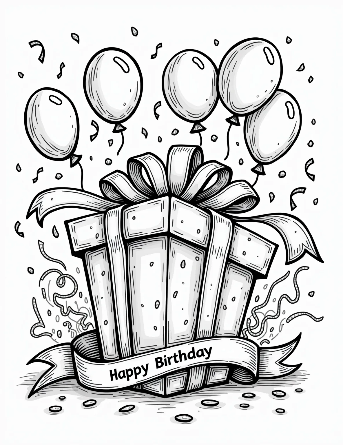 Birthday Surprise Gift Box -- prompt: "black lines only A joyful coloring page featuring an oversized birthday gift box. Bold outlines define a large, curly ribbon bow atop. Surrounding patterns include balloons, confetti, and streamers. A prominent 'Happy Birthday' banner weaves through, creating a festive maze-like design for coloring enthusiasts to explore. flat black lines, premium coloring page, coloring sheet, line drawing, Coloring Book, NO COLOR, NO SHADING, WHITE BACKGROUND. NO GRAY, BLACK AND WHITE, NO COLOR" -- This page features a large, ornate gift box with a big bow on top. The sides of the box are decorated with party elements like balloons, confetti, and streamers. A tag hanging from the bow reads 'Happy Birthday!', making this perfect for birthday celebrations.