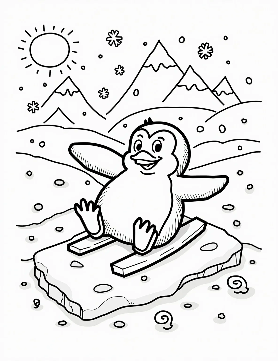 Playful Penguin's Icy Slide -- prompt: "black lines only Playful penguin gliding on icy slope, thick outlines perfect for coloring. Snowflakes swirl, simple shapes invite creativity. Cheerful expression, flippers outstretched. Background elements include stylized mountains, sun peeking through clouds. Whimsical scene captures winter joy, encouraging artistic exploration. flat black lines, premium coloring page, coloring sheet, line drawing, Coloring Book, NO COLOR, NO SHADING, WHITE BACKGROUND. NO GRAY, BLACK AND WHITE, NO COLOR" -- Embrace the winter fun with this adorable penguin coloring page. A happy penguin is sliding down an icy slope on its belly, surrounded by snowflakes. This page is great for kids who love arctic animals and enjoy simple, fun designs.