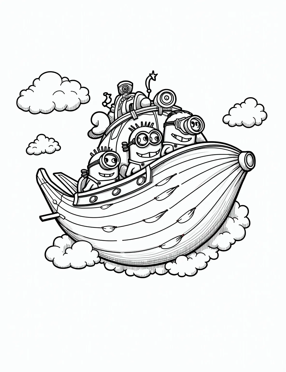 Minion Steampunk Airship Crew -- prompt: "black lines only Playful Minions navigate whimsical steampunk airship, thick outlines perfect for coloring. Exaggerated gears, chunky propellers, oversized banana components. Fluffy cloud shapes below. Cheerful expressions, goggles, overalls. Simple background, bold shapes. Accessible linework for easy coloring. Fun, child-friendly design. flat black lines, premium coloring page, coloring sheet, line drawing, Coloring Book, NO COLOR, NO SHADING, WHITE BACKGROUND. NO GRAY, BLACK AND WHITE, NO COLOR" -- Soar into imagination with this steampunk-inspired Minion coloring page. Our goggle-wearing friends are piloting a fantastic airship high above the clouds, complete with gears, propellers, and banana-powered engines. This intricate scene is ideal for adult coloring enthusiasts who love detailed, fantastical designs.