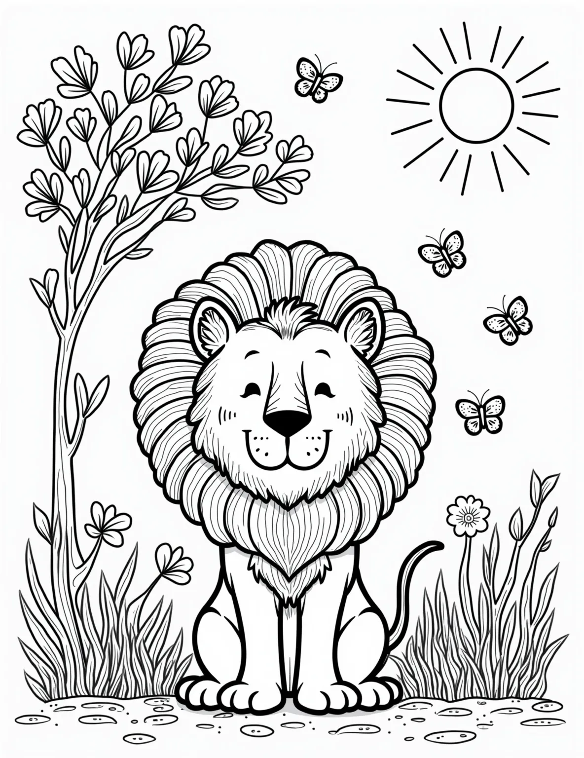 Sleeping Lion under an Acacia Tree -- prompt: "black lines only Coloring page outline of majestic lion, eyes closed, mane stylized as swirling patterns. Acacia tree with heart-shaped leaves, spiraling branches. Savanna grasses form wavy lines. Butterflies, ladybugs, and flowers scatter the scene. Dotted circles represent sun rays. Cheerful, relaxing atmosphere. flat black lines, premium coloring page, coloring sheet, line drawing, Coloring Book, NO COLOR, NO SHADING, WHITE BACKGROUND. NO GRAY, BLACK AND WHITE, NO COLOR" -- This serene scene shows a lion taking a peaceful nap under the shade of an acacia tree. The lion's relaxed posture and the tranquil savanna backdrop make for a soothing coloring experience. It's a great opportunity to explore different shades of gold and green.