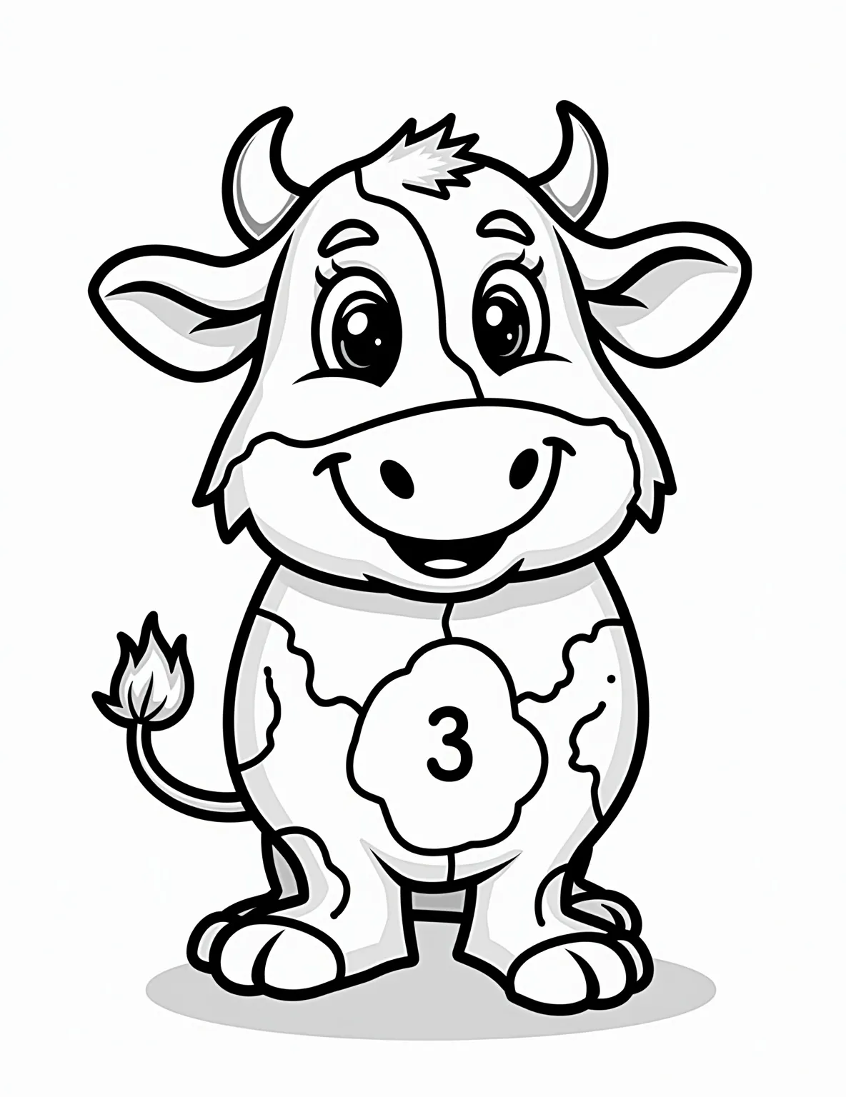 Cow Paint-by-Numbers -- prompt: "black lines only Cheerful cow portrait for a color-by-numbers coloring page. Bold outlines divide the smiling bovine into playful shapes. Each section features a number corresponding to vibrant hues. Cartoon-style eyes and a friendly expression invite young artists to bring the cow to life. flat black lines, premium coloring page, coloring sheet, line drawing, Coloring Book, NO COLOR, NO SHADING, WHITE BACKGROUND. NO GRAY, BLACK AND WHITE, NO COLOR" -- This detailed cow portrait is designed as a paint-by-numbers (or color-by-numbers) page. Each section is numbered to correspond with a specific color, allowing for a structured yet creative coloring experience. It's perfect for those who enjoy a more guided approach to coloring.