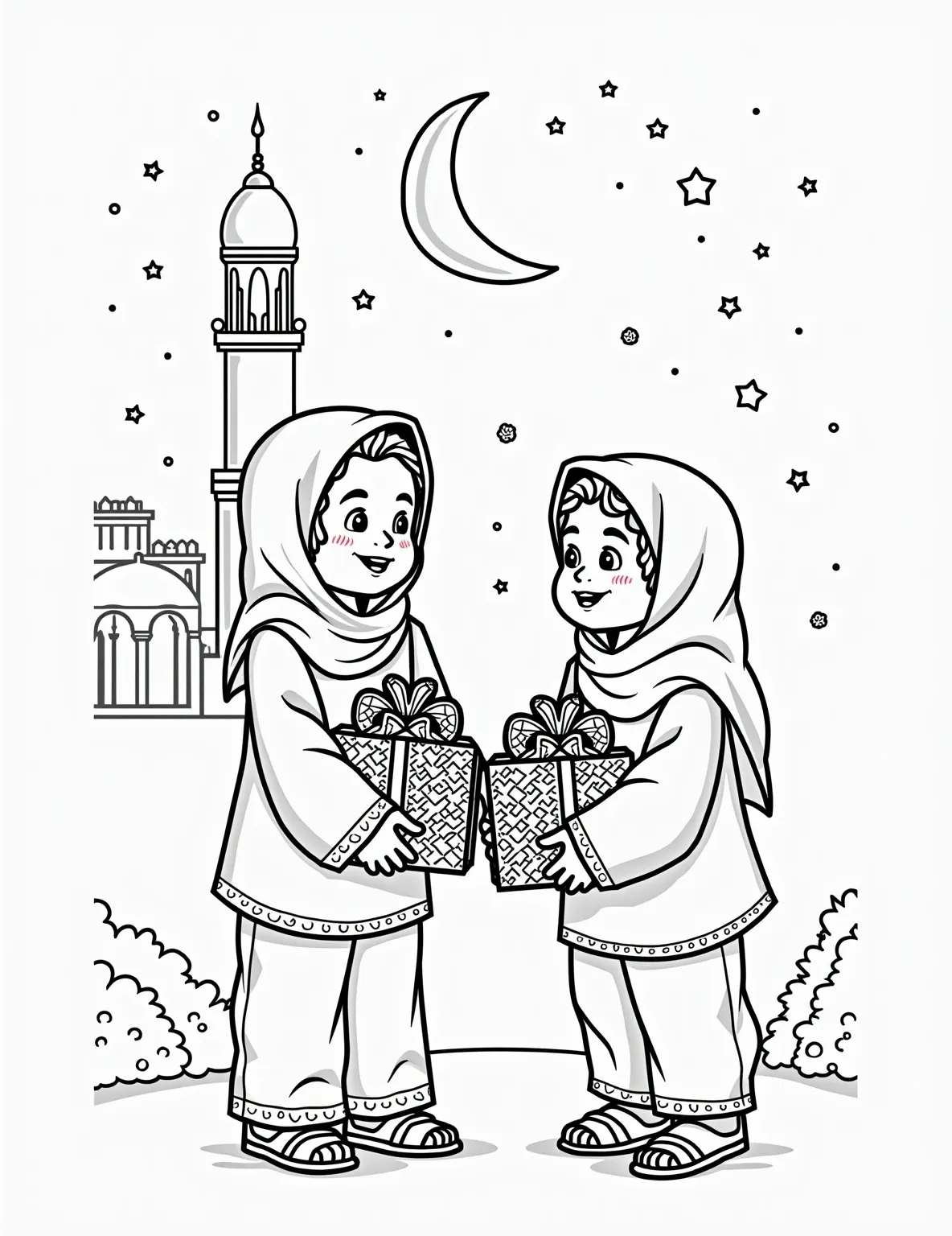 Eid Mubarak Gift Exchange -- prompt: "black lines only Two joyful Muslim children exchange Eid gifts wrapped in bold geometric Islamic patterns. Crescent moon and twinkling stars overhead. Outlines perfect for coloring. Decorative borders frame the scene. Cheerful expressions and festive clothing await vibrant hues. Mosque silhouette in background. flat black lines, premium coloring page, coloring sheet, line drawing, Coloring Book, NO COLOR, NO SHADING, WHITE BACKGROUND. NO GRAY, BLACK AND WHITE, NO COLOR" -- This coloring page captures the joy of Eid gift-giving. Two children exchange beautifully wrapped presents, with intricate Islamic patterns on the wrapping paper. A crescent moon and stars hover above, while a table of Eid treats is visible in the background.