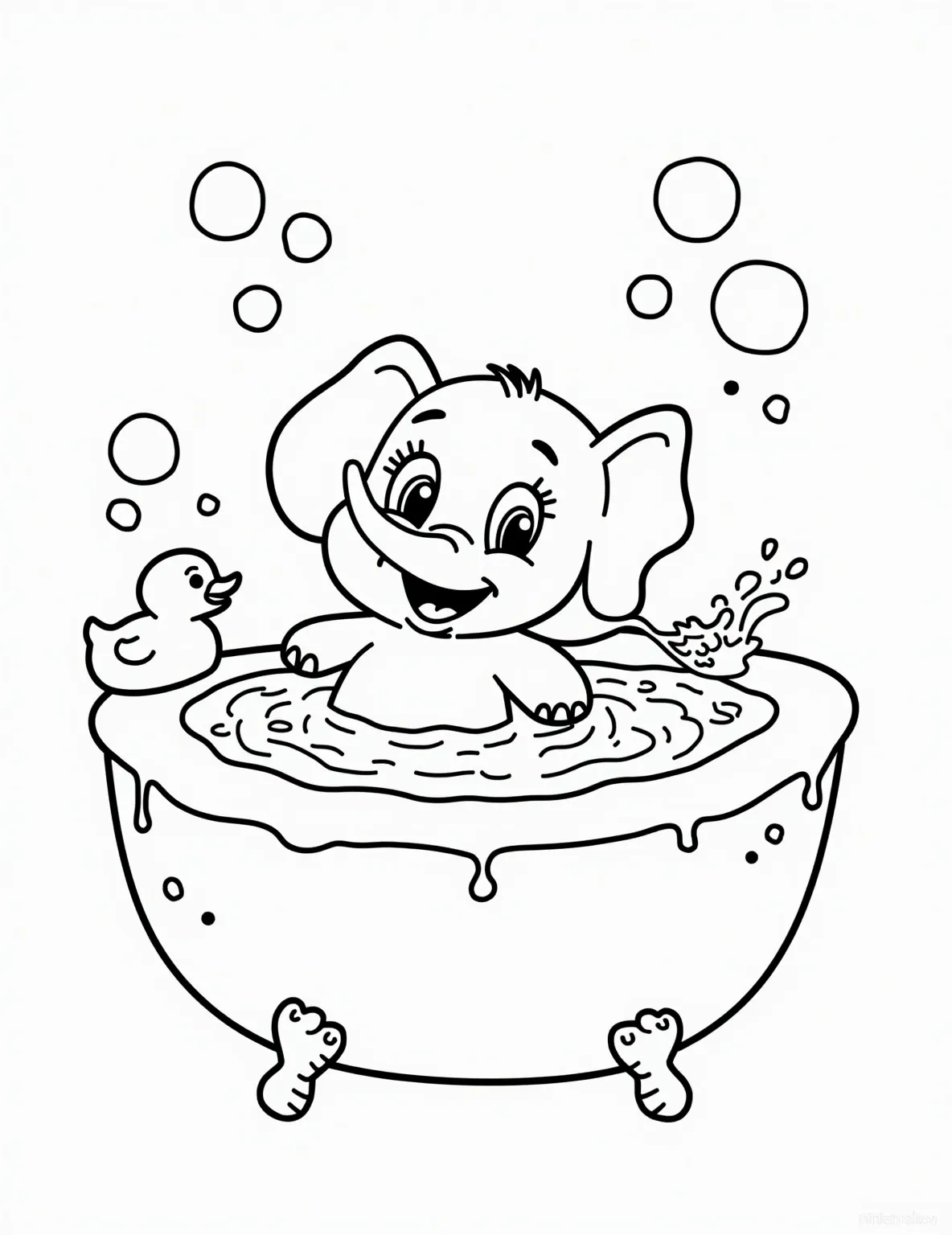 Elephant's Bubble Bath Bonanza Coloring Page -- prompt: "black lines only Joyful elephant in bubble-filled bathtub, outlined in bold black lines. Cartoon-style trunk sprays water, eyes wide with glee. Rubber ducks float nearby, simple shapes perfect for coloring. Large, rounded bubbles frame the scene. Playful, easy-to-color design for all ages. flat black lines, premium coloring page, coloring sheet, line drawing, Coloring Book, NO COLOR, NO SHADING, WHITE BACKGROUND. NO GRAY, BLACK AND WHITE, NO COLOR" -- Get ready for some splashy fun with this adorable elephant bath time scene! The page features a playful elephant enjoying a bubble bath, surrounded by rubber ducks and floating bubbles. This whimsical design is sure to delight younger children and bring a smile to anyone's face.