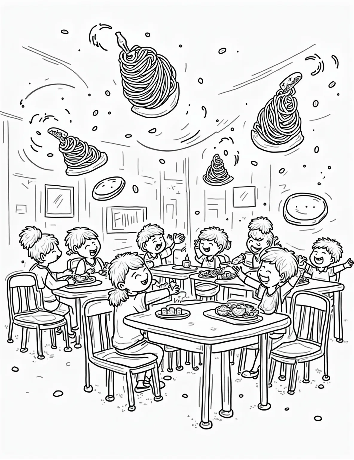 Food Fight Frenzy Coloring Page -- prompt: "black lines only Lively coloring book page: chaotic cafeteria food fight. Flying spaghetti, airborne pizzas, soaring sandwiches. Gleeful students ducking, teachers aghast. Tables overturned, trays as shields. Ketchup splatters, jello wobbles mid-air. Bold outlines, simple shapes for easy coloring. Fun, messy scene to bring to life with crayons. flat black lines, premium coloring page, coloring sheet, line drawing, Coloring Book, NO COLOR, NO SHADING, WHITE BACKGROUND. NO GRAY, BLACK AND WHITE, NO COLOR" -- Get ready for some messy fun with our Food Fight Frenzy coloring page! This chaotic scene shows a playful food fight in progress, with various foods flying through the air. It's a hilarious and dynamic page that lets imaginations run wild.