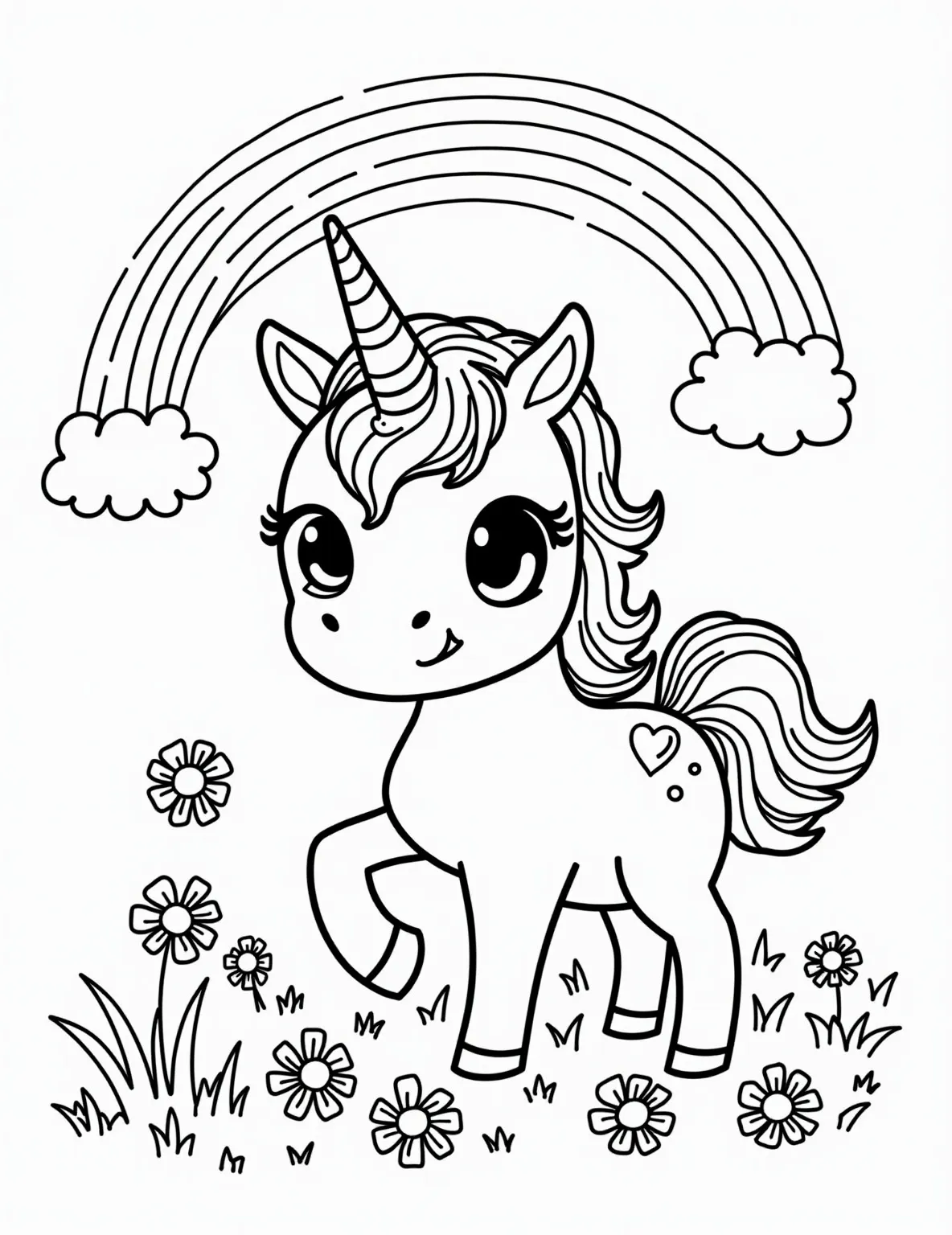 Majestic Unicorn's Rainbow Meadow -- prompt: "black lines only Charming kawaii unicorn outline with heart-shaped hooves and star-tipped horn. Flowing mane and tail swirl through meadow filled with simple daisy shapes. Chunky rainbow arches overhead. Bold, clean lines perfect for coloring. Cute expression invites creativity. flat black lines, premium coloring page, coloring sheet, line drawing, Coloring Book, NO COLOR, NO SHADING, WHITE BACKGROUND. NO GRAY, BLACK AND WHITE, NO COLOR" -- Bring magic to life with this enchanting unicorn coloring page. The unicorn is prancing through a field of flowers with a rainbow arching overhead. This more detailed page is perfect for older children and adults who enjoy creating fantastical scenes.