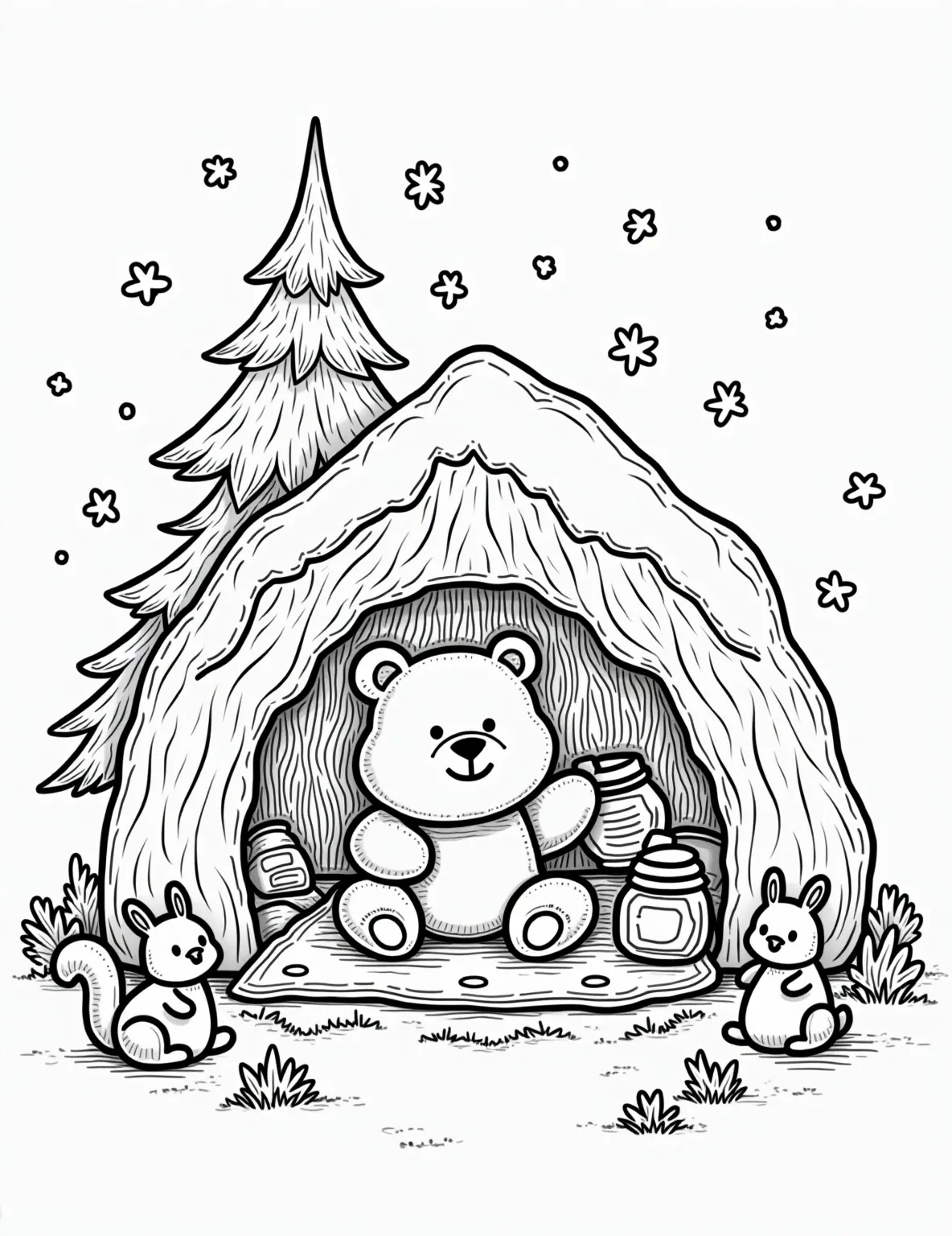 Bear's Cozy Hibernation -- prompt: "black lines only Adorable cartoon bear tidying cozy den, fluffy pillows, honey jars, and acorn blankets. Entrance framed by snowy pine trees, snowflakes, and playful woodland creatures. Bold outlines, simple shapes, large empty spaces for coloring. Cheerful winter scene for children's coloring book page. flat black lines, premium coloring page, coloring sheet, line drawing, Coloring Book, NO COLOR, NO SHADING, WHITE BACKGROUND. NO GRAY, BLACK AND WHITE, NO COLOR" -- Snuggle up with this comforting coloring page depicting a bear preparing for winter hibernation. The bear is shown arranging leaves and branches in its den to create a warm, inviting space, with a peek of the snowy forest outside. This page offers a great opportunity to discuss animal behavior and seasonal changes.