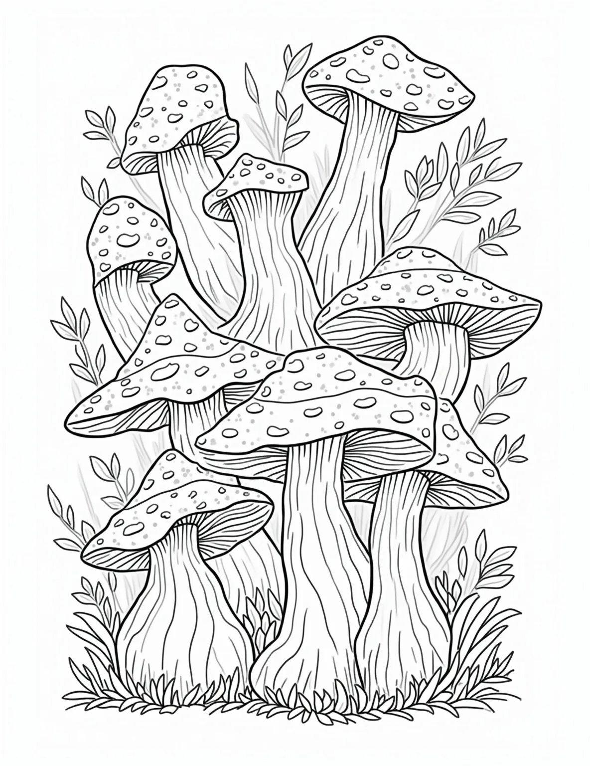 Mushroom Alphabet -- prompt: "black lines only Alphabet letters fashioned from whimsical mushroom shapes, perfect for a fun coloring book page. Each character bursts with playful fungi designs—spots, gills, and caps galore. Bold outlines invite creative coloring, while hidden forest creatures peek from behind letters. A magical mushroom wonderland awaits young artists' imagination flat black lines, premium coloring page, coloring sheet, line drawing, Coloring Book, NO COLOR, NO SHADING, WHITE BACKGROUND. NO GRAY, BLACK AND WHITE, NO COLOR" -- Combine learning and coloring with this mushroom-themed alphabet page. Each letter is creatively formed using different mushroom shapes and styles. It's an excellent way for younger children to practice their ABCs while enjoying some fungal fun.