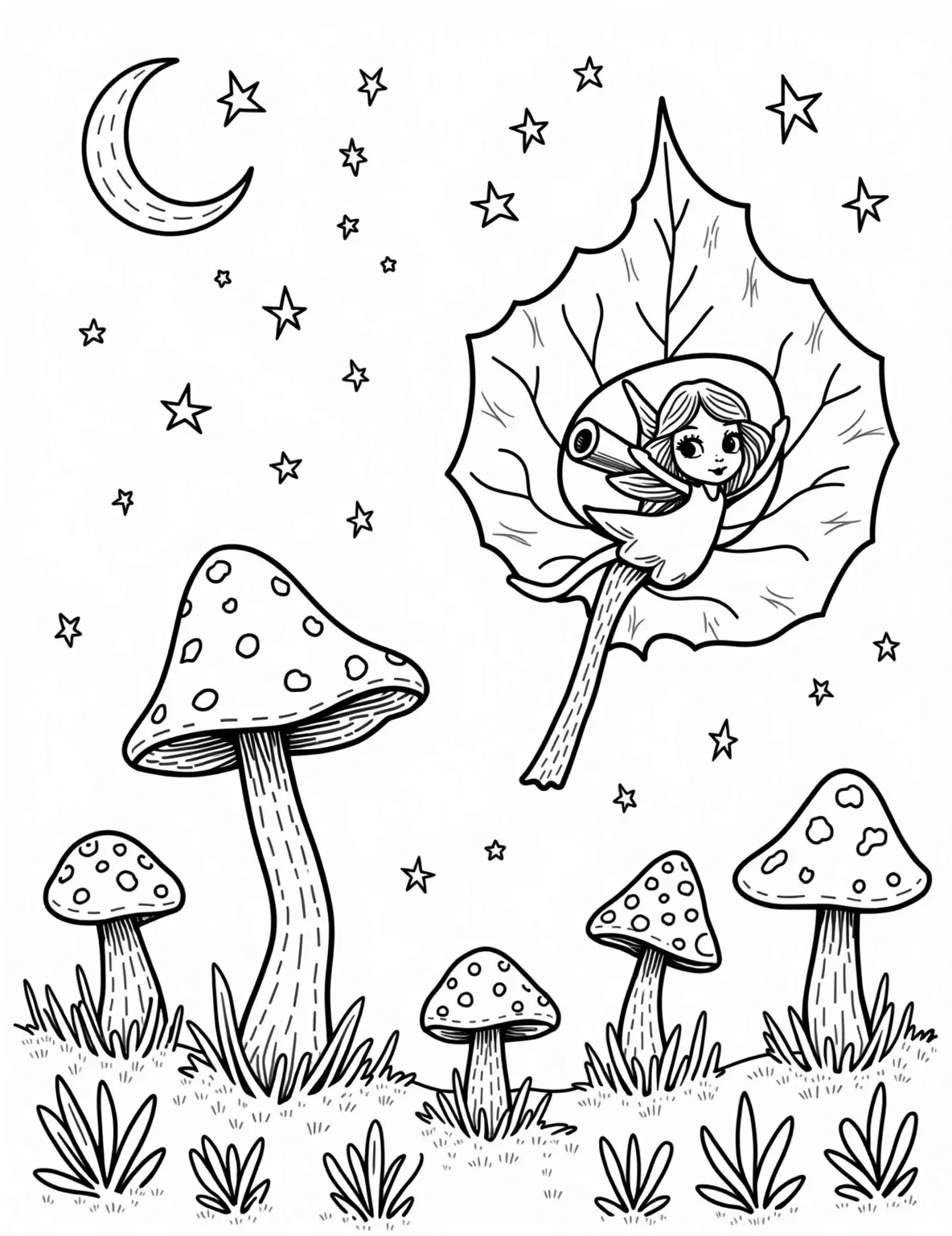 Fairy Astronomer's Celestial Studies Coloring Page -- prompt: "black lines only Whimsical fairy with gossamer wings peering through leaf-telescope. Bold outlines frame starry night, swirling comets, and connect-the-dot constellations. Mushroom houses dot foreground. Chunky lines and simple shapes perfect for coloring. Magical forest scene invites imagination and creativity. flat black lines, premium coloring page, coloring sheet, line drawing, Coloring Book, NO COLOR, NO SHADING, WHITE BACKGROUND. NO GRAY, BLACK AND WHITE, NO COLOR" -- Reach for the stars with this magical fairy astronomer coloring page. A curious fairy peers through a telescope made from a rolled leaf, charting constellations and watching comets streak across the night sky. This page combines whimsy with wonder, perfect for budding scientists and dreamers alike.