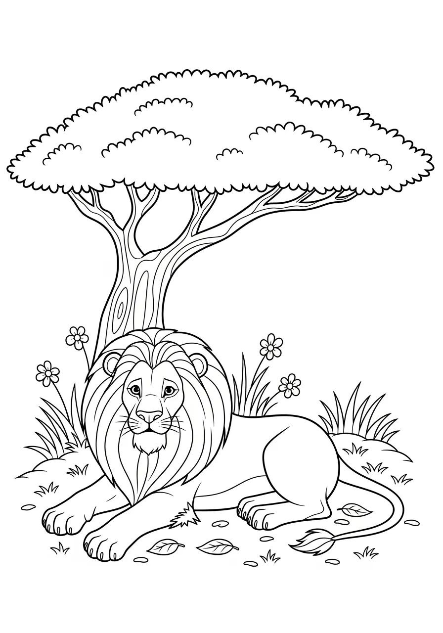 Lazy Lion's Luxurious Lounge Coloring Page -- prompt: "black lines only Fun coloring book style cartoon lion relaxing in perfect L-shape beneath sprawling African acacia tree, flowing mane cascading gracefully, front paws stretched forward comfortably, surrounded by simple outlined grass tufts and scattered leaves for children to color flat black lines, premium coloring page, coloring sheet, line drawing, Coloring Book, NO COLOR, NO SHADING, WHITE BACKGROUND. NO GRAY, BLACK AND WHITE, NO COLOR" -- Relax with this regal 'L' coloring page showcasing a majestic lion lounging under an acacia tree! The lion's stretched-out body forms a perfect letter L as it enjoys a peaceful afternoon nap. This calming scene teaches the letter L while introducing children to African wildlife and the importance of rest in nature.