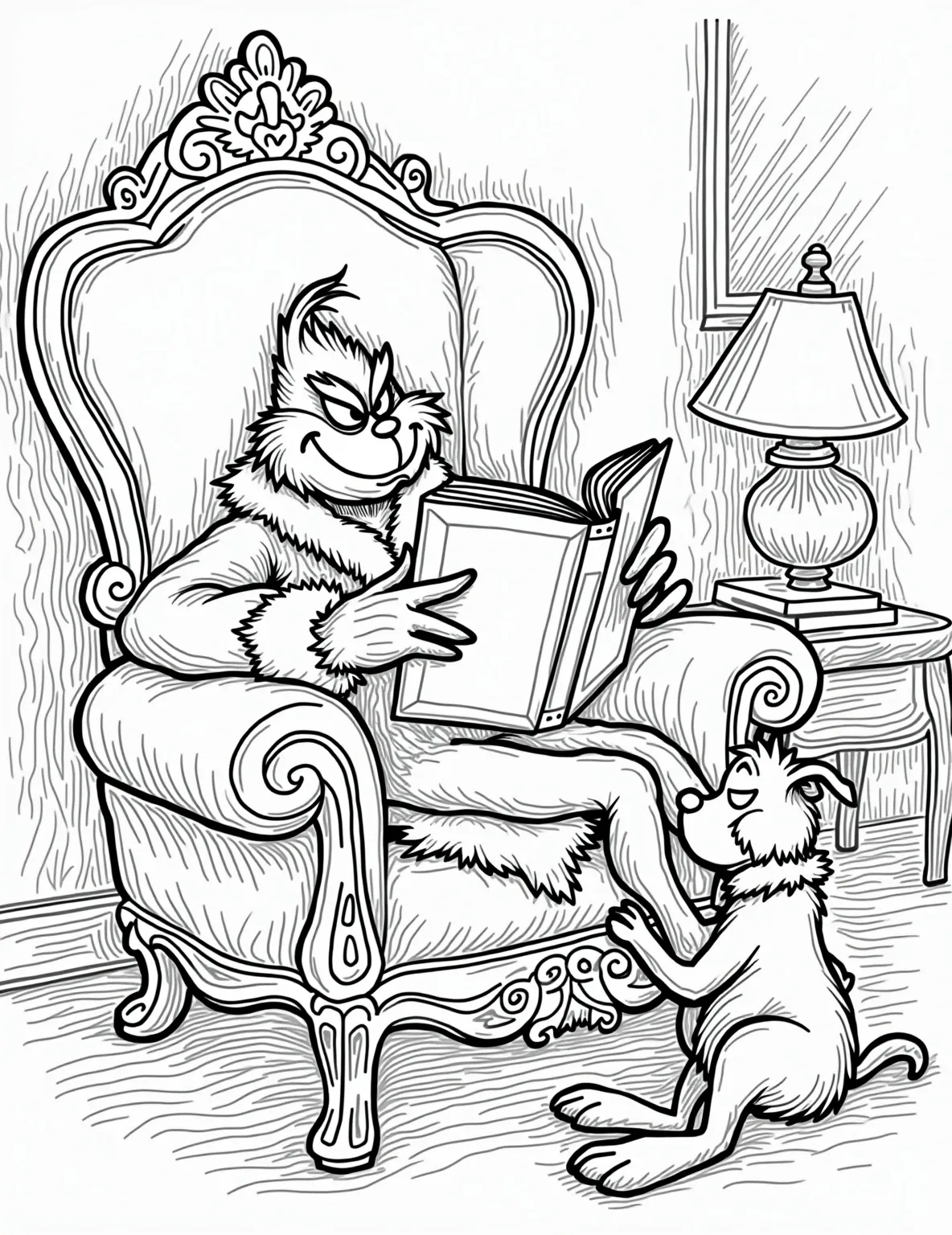 Grinch's Cozy Reading Nook Coloring Page -- prompt: "black lines only Grinch lounges in plush armchair, engrossed in oversized storybook. Max snoozes contentedly at his feet. Bold outlines define characters and furniture. Whimsical Whoville decor surrounds them. Simple shapes and patterns ideal for coloring. Heartwarming scene captures reformed Grinch's newfound joy. flat black lines, premium coloring page, coloring sheet, line drawing, Coloring Book, NO COLOR, NO SHADING, WHITE BACKGROUND. NO GRAY, BLACK AND WHITE, NO COLOR" -- Discover the Grinch's softer side with this peaceful coloring page. The illustration shows the Grinch curled up in a cozy chair, reading a book with Max at his feet. It's a calm, domestic scene that allows children to color lots of homey details.