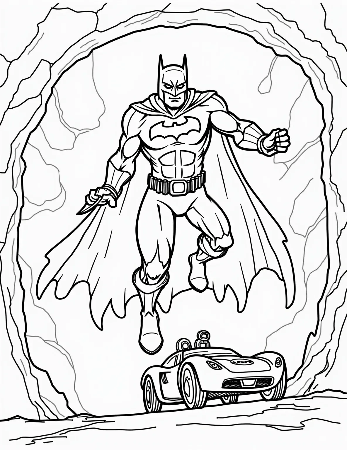 Batman's Armory Coloring Page -- prompt: "black lines only Playful Batman's Batcave coloring page. Oversized Batsuit outlines dominate, flanked by cartoonish gadgets and weapons. Batarangs, grappling hooks, and utility belts zigzag across. Batmobile silhouette lurks below. Bold lines define each item, inviting vibrant color application. Cave walls flat black lines, premium coloring page, coloring sheet, line drawing, Coloring Book, NO COLOR, NO SHADING, WHITE BACKGROUND. NO GRAY, BLACK AND WHITE, NO COLOR" -- Step into Batman's impressive armory with this detailed coloring page. Various suits, gadgets, and weapons are on display, showcasing the Dark Knight's preparedness for any situation. This intricate page is perfect for those who love exploring Batman's extensive equipment.