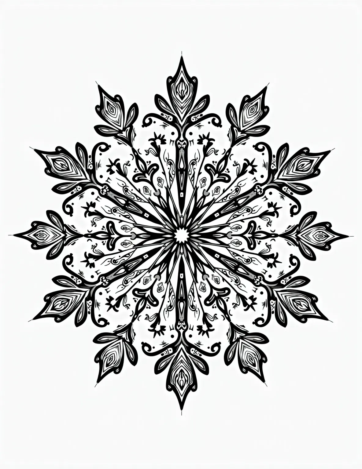 Snowflake Mandala Meditation -- prompt: "black lines only Zentangle-inspired snowflake mandala bursting with playful patterns. Swirls, dots, and geometric shapes dance from center to edges. Bold outlines perfect for coloring. Hidden winter motifs nestled within: mittens, pine trees, snowmen. Radiating joy and creativity, inviting artistic expression. flat black lines, premium coloring page, coloring sheet, line drawing, Coloring Book, NO COLOR, NO SHADING, WHITE BACKGROUND. NO GRAY, BLACK AND WHITE, NO COLOR" -- Find your inner calm with this beautifully symmetrical snowflake mandala. The intricate patterns within the snowflake design offer a soothing coloring experience. It's an ideal page for practicing mindfulness and exploring color harmonies.