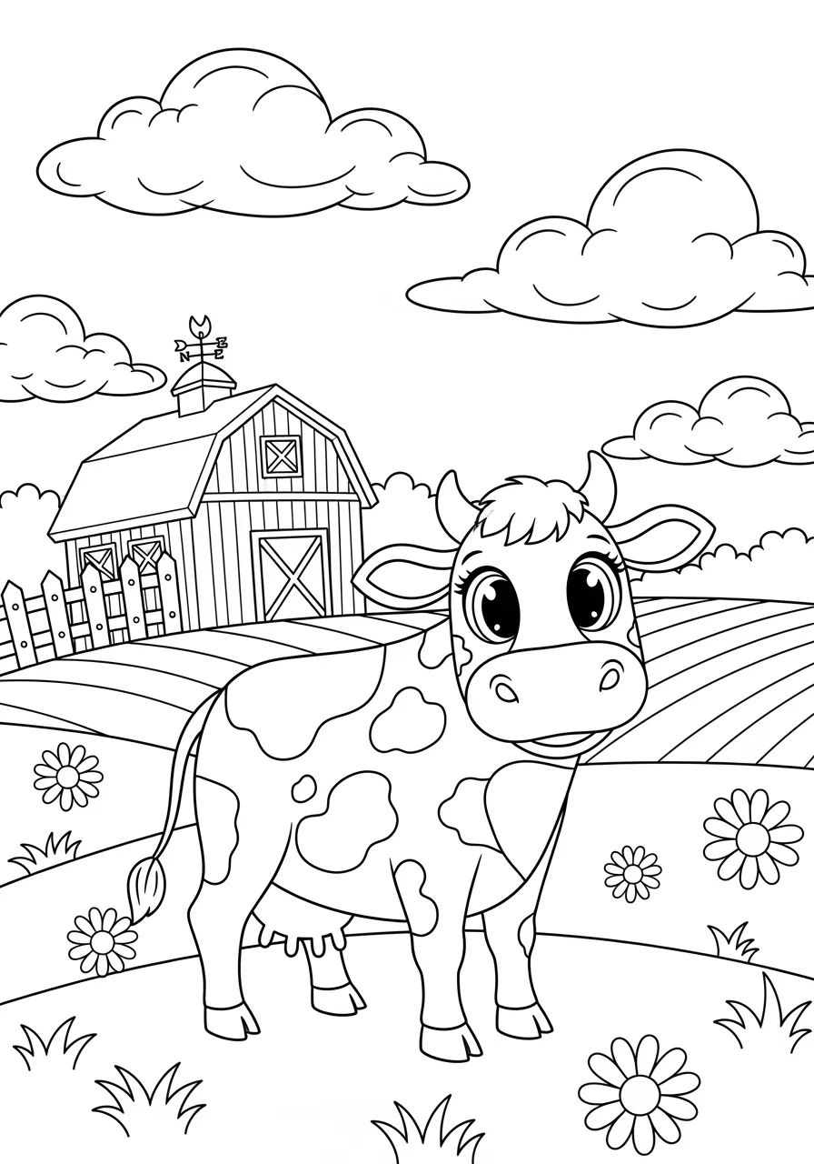 Friendly Cow Farmyard Breakfast Coloring Page -- prompt: "black lines only Fun coloring book style page featuring cheerful spotted cow with large expressive eyes standing in rolling green pasture, classic red barn with weathervane, picket white fence, fluffy clouds, simple flowers, bold black outlines, child-friendly design flat black lines, premium coloring page, coloring sheet, line drawing, Coloring Book, NO COLOR, NO SHADING, WHITE BACKGROUND. NO GRAY, BLACK AND WHITE, NO COLOR" -- This cheerful farm scene features a spotted cow standing contentedly in a green pasture near a traditional red barn. The cow's gentle expression and the peaceful rural setting create a calming coloring experience. Children can learn about farm animals and where their food comes from while enjoying this pastoral scene.