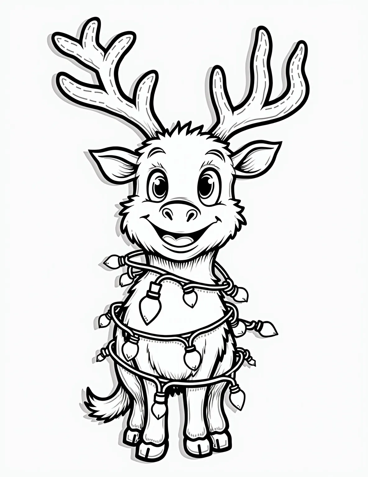 Reindeer Tangled in Christmas Lights Coloring Page -- prompt: "black lines only A jolly reindeer with twinkling eyes and a mischievous grin, entangled in a colorful web of Christmas lights. Bold outlines define its antlers, fluffy fur, and expressive face. Chunky, cartoon-style bulbs adorn the lights, creating a playful, festive scene perfect for coloring. flat black lines, premium coloring page, coloring sheet, line drawing, Coloring Book, NO COLOR, NO SHADING, WHITE BACKGROUND. NO GRAY, BLACK AND WHITE, NO COLOR" -- This humorous coloring page depicts a mischievous reindeer all tangled up in a string of Christmas lights. The reindeer's expression is a mix of surprise and amusement, creating a lighthearted and endearing scene. It's sure to bring smiles and giggles to colorists of all ages.