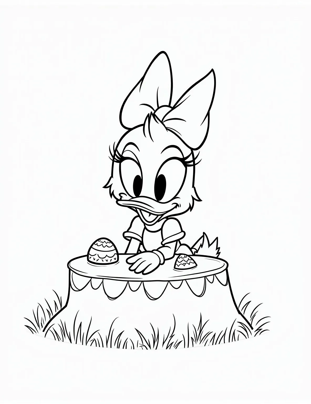 Daisy Duck's Easter Egg Decorating Party -- prompt: "black lines only Daisy Duck, cheerfully outlined in bold black lines, sits at a table adorned with Easter eggs and decorating supplies. Her expressive face and bow-topped head pop against a white background. Surrounding her are oversized, simplified egg shapes and festive patterns, perfect for coloring. Suffix: Fun coloring book style coloring page. flat black lines, premium coloring page, coloring sheet, line drawing, Coloring Book, NO COLOR, NO SHADING, WHITE BACKGROUND. NO GRAY, BLACK AND WHITE, NO COLOR" -- Join Daisy Duck in this creative Easter coloring page. She's hosting an egg decorating party, surrounded by paintbrushes, stickers, and glitter. Daisy is carefully painting an intricate design on a large Easter egg, showcasing her artistic skills.