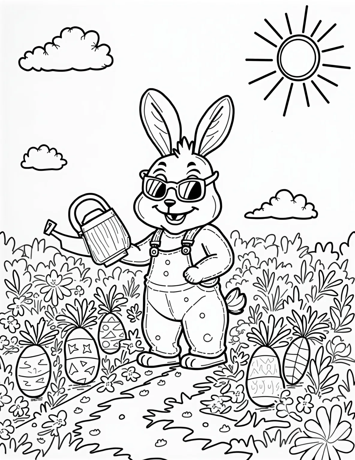 Rabbit's Easter Vegetable Garden -- prompt: "black lines only Cheerful rabbit gardener in overalls, surrounded by bold outlines. Carrots and colorful Easter eggs sprout from neatly arranged rows. Watering can, trowel, and garden tools scattered nearby. Fluffy clouds and smiling sun overhead. Simple shapes perfect for coloring. Fun coloring book style coloring page. flat black lines, premium coloring page, coloring sheet, line drawing, Coloring Book, NO COLOR, NO SHADING, WHITE BACKGROUND. NO GRAY, BLACK AND WHITE, NO COLOR" -- Rabbit from Winnie the Pooh takes charge in this Easter coloring page. He's tending to his vegetable garden, where carrots and other veggies are sprouting with Easter eggs. Rabbit looks proud of his unique and colorful crop.