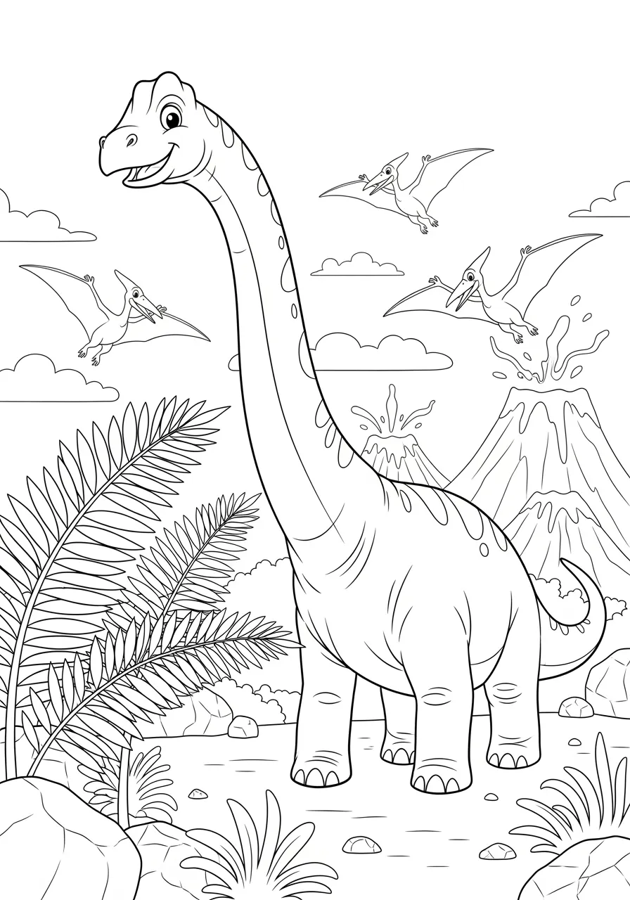 Towering Diplodocus Reaching for Treetops Coloring Page -- prompt: "black lines only A cheerful Diplodocus dinosaur with gracefully curved neck stretching upward toward towering prehistoric ferns and cycads, thick black outlines, simple shapes perfect for crayons, peaceful Jurassic landscape with scattered rocks and friendly expression flat black lines, premium coloring page, coloring sheet, line drawing, Coloring Book, NO COLOR, NO SHADING, WHITE BACKGROUND. NO GRAY, BLACK AND WHITE, NO COLOR" -- Marvel at the incredible length of this gentle giant as a Diplodocus stretches its impossibly long neck to reach the highest branches of ancient trees. This coloring page showcases the amazing adaptations that allowed these dinosaurs to access food that others couldn't reach. It's an excellent choice for learning about how different dinosaurs found unique ways to survive.