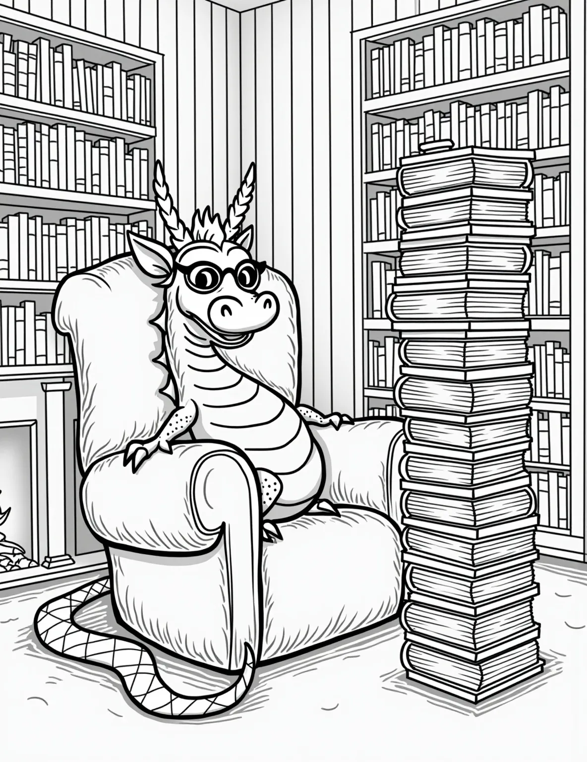 Sleepy Dragon's Cozy Reading Nook -- prompt: "black lines only Playful dragon with oversized spectacles, snuggled in plush armchair. Tail curled around stacks of books. Bookshelves filled with colorful spines. Crackling fireplace nearby. Simple, bold outlines perfect for coloring. Cozy library scene with whimsical charm. Large, easy-to-color shapes throughout. flat black lines, premium coloring page, coloring sheet, line drawing, Coloring Book, NO COLOR, NO SHADING, WHITE BACKGROUND. NO GRAY, BLACK AND WHITE, NO COLOR" -- This charming coloring page depicts a gentle dragon curled up in a cozy armchair, engrossed in a good book. Surrounded by towering bookshelves, a warm fireplace, and soft reading lamps, the scene exudes comfort and tranquility. It's an ideal choice for book lovers and those who appreciate detailed interior scenes.