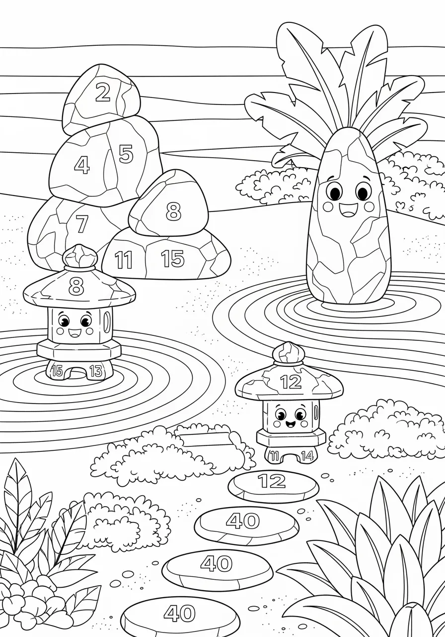 Zen Number Garden Coloring Page -- prompt: "black lines only Fun coloring book page featuring playful zen garden with bold outlined rocks displaying numbers 1-40, flowing sand patterns with thick black lines, smiling stone lanterns, cheerful stepping stones, and cartoon-style minimalist plants creating joyful meditative space for children flat black lines, premium coloring page, coloring sheet, line drawing, Coloring Book, NO COLOR, NO SHADING, WHITE BACKGROUND. NO GRAY, BLACK AND WHITE, NO COLOR" -- Find inner peace in this tranquil zen garden where numbers 1 to 40 are artfully arranged among rocks, raked sand patterns, and minimalist landscaping. This adult-oriented coloring page combines the meditative qualities of zen design with numerical elements seamlessly integrated into the peaceful scene. Perfect for stress relief and mindful coloring.