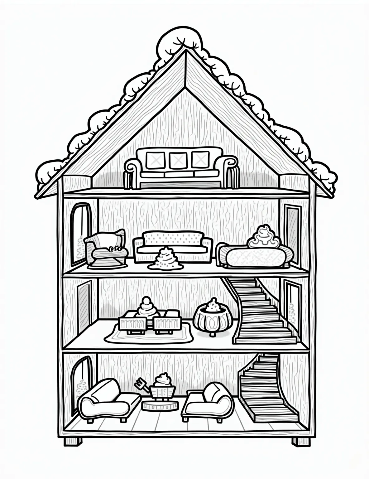 Ice Cream Dollhouse -- prompt: "black lines only Dollhouse cross-section revealed in bold, playful outlines. Ice cream furniture melts room boundaries. Swirly sundae staircases connect levels. Popsicle stick walls frame sprinkle-filled rooms. Waffle cone roof tops this delectable abode. Empty spaces await colorful imagination. Fun, oversized coloring page design flat black lines, premium coloring page, coloring sheet, line drawing, Coloring Book, NO COLOR, NO SHADING, WHITE BACKGROUND. NO GRAY, BLACK AND WHITE, NO COLOR" -- Step into a miniature world made entirely of ice cream with this dollhouse-inspired coloring page. Each room in the house is decorated with ice cream furniture and accessories. This detailed page offers hours of imaginative coloring fun.