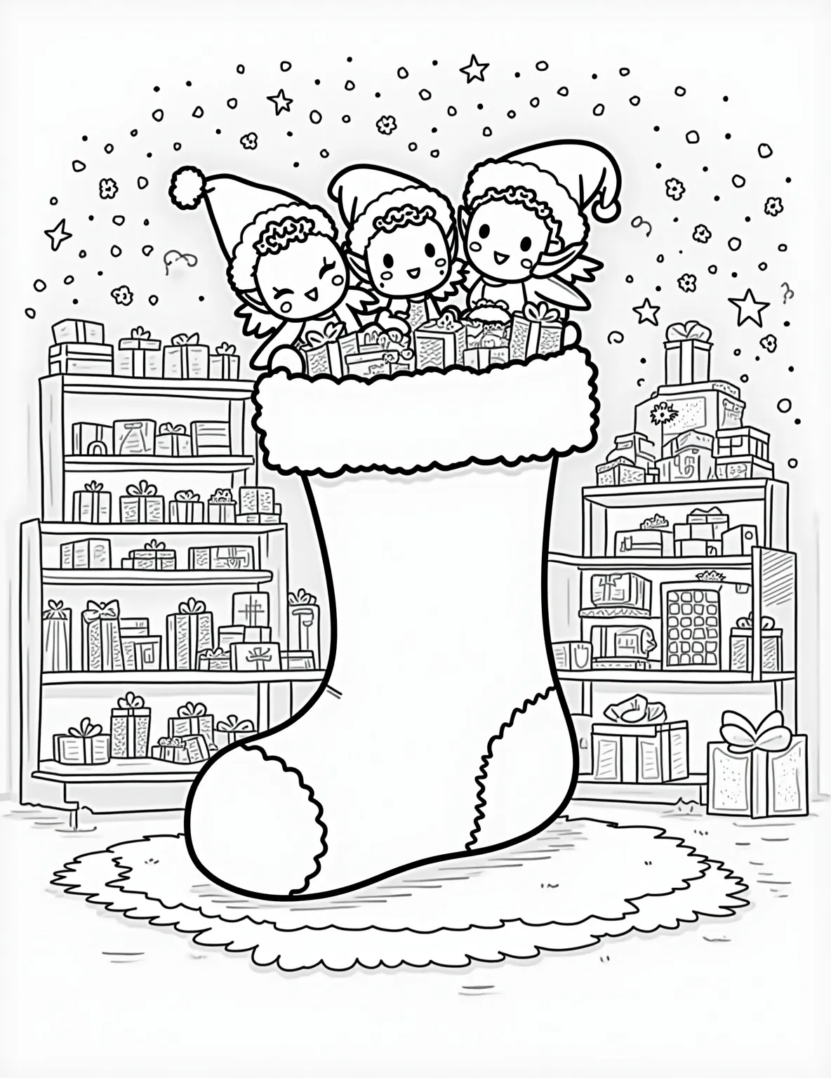 Santa's Workshop Stocking Coloring Page -- prompt: "black lines only Giant Christmas stocking outline dominates Santa's workshop. Cheerful elves, with exaggerated features, stuff toys inside. Shelves brim with outlined gifts. Toy-making stations buzz with activity. Bold, simple shapes perfect for coloring. Festive swirls and patterns adorn background. Workshop radiates holiday magic. flat black lines, premium coloring page, coloring sheet, line drawing, Coloring Book, NO COLOR, NO SHADING, WHITE BACKGROUND. NO GRAY, BLACK AND WHITE, NO COLOR" -- This charming coloring page features a giant stocking in Santa's workshop. Busy elves are shown stuffing the stocking with an array of colorful toys and gifts. The background is filled with shelves of presents and toy-making stations, creating a bustling North Pole scene.