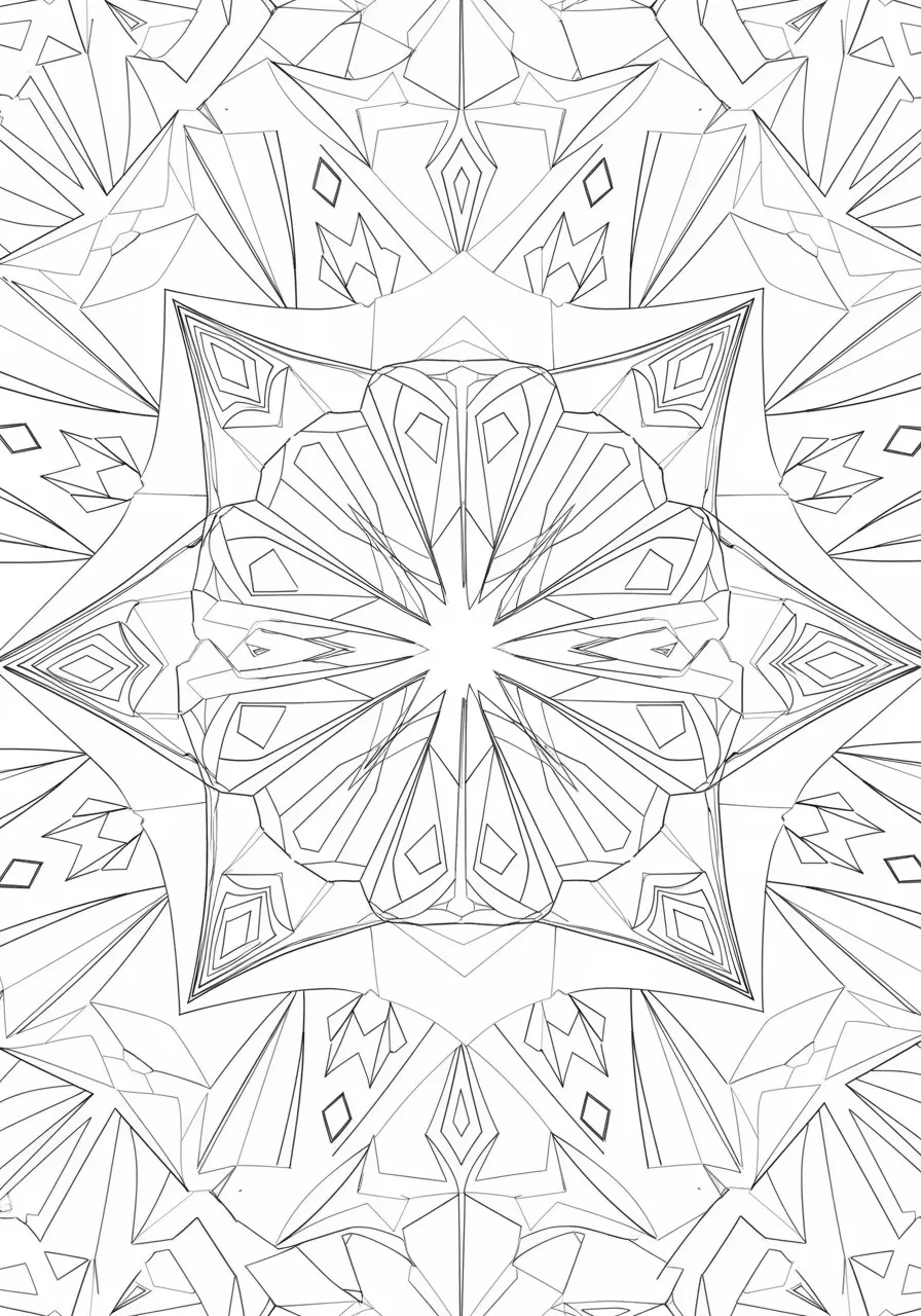 Kaleidoscope Shapes Symphony Coloring Page -- prompt: "black lines only Playful kaleidoscope mandala featuring bold triangles, sparkling diamonds, cheerful hexagons, and flowing curved ribbons spiraling outward from central starburst. Thick black outlines create perfect coloring sections with joyful symmetrical patterns dancing across the page in celebration. flat black lines, premium coloring page, coloring sheet, line drawing, Coloring Book, NO COLOR, NO SHADING, WHITE BACKGROUND. NO GRAY, BLACK AND WHITE, NO COLOR" -- Experience the mesmerizing beauty of a kaleidoscope pattern brought to life on paper. This intricate design features repeating geometric shapes that radiate from the center in perfect symmetry. The complex patterns provide a meditative coloring experience perfect for stress relief and artistic expression.