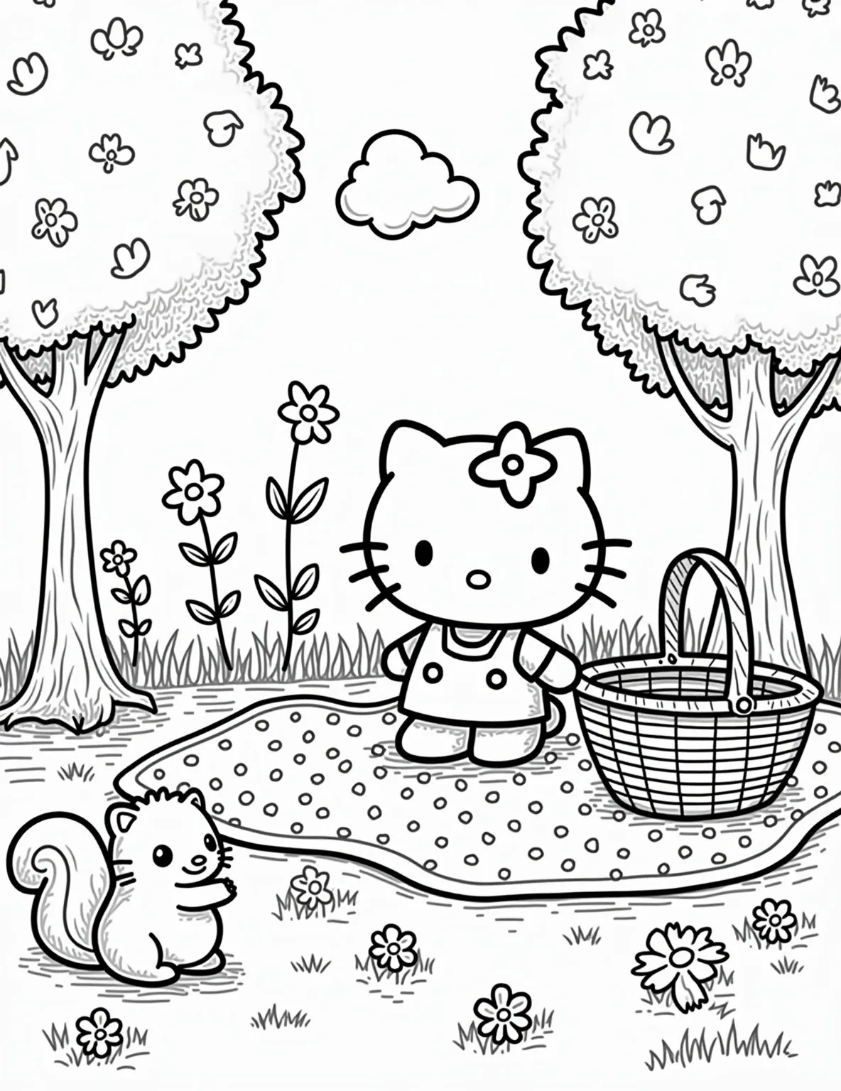 Hello Kitty's Picnic in the Park -- prompt: "black lines only Hello Kitty's picnic adventure: bold outlines frame a cheerful scene. Kitty perches on a patterned blanket, oversized basket nearby. Stylized trees with swirling leaves, cartoonish flowers, and friendly squirrels with bushy tails surround her. Simple shapes and clean lines create a delightful coloring page. flat black lines, premium coloring page, coloring sheet, line drawing, Coloring Book, NO COLOR, NO SHADING, WHITE BACKGROUND. NO GRAY, BLACK AND WHITE, NO COLOR" -- This delightful coloring page shows Hello Kitty enjoying a picnic in the park. She's sitting on a checkered blanket with a picnic basket full of goodies. There are trees, flowers, and even a few friendly squirrels joining her. It's a charming scene that captures the joy of a sunny day outdoors.