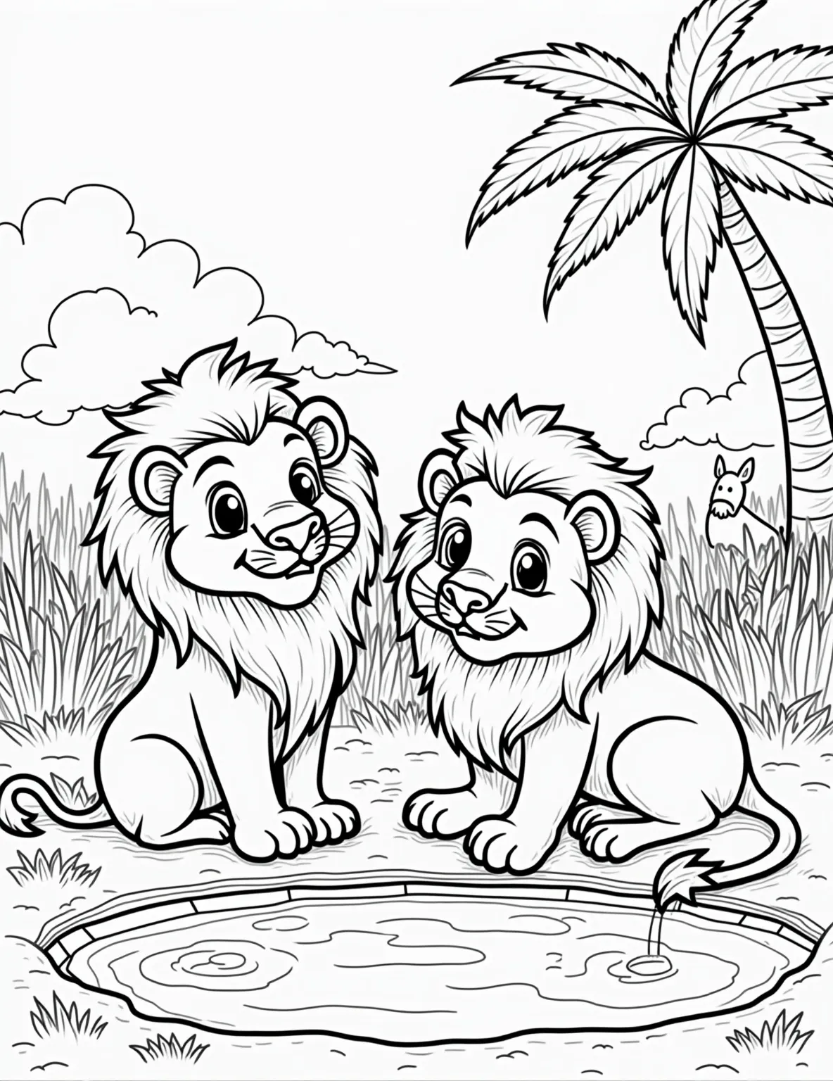 Lion Pride at the Watering Hole -- prompt: "black lines only Bold black outlines frame playful lions lounging by a watering hole. Simplified shapes capture manes, tails, and whiskers. Palm trees and grass tufts dot the background. Empty spaces invite coloring creativity. Serene savanna scene with hidden animals waiting to be discovered and brought to life. flat black lines, premium coloring page, coloring sheet, line drawing, Coloring Book, NO COLOR, NO SHADING, WHITE BACKGROUND. NO GRAY, BLACK AND WHITE, NO COLOR" -- This bustling scene depicts a lion pride gathered around a watering hole. Various lions are shown drinking, lounging, and interacting, showcasing the social nature of these big cats. The reflection of the lions in the water adds an interesting element to color.