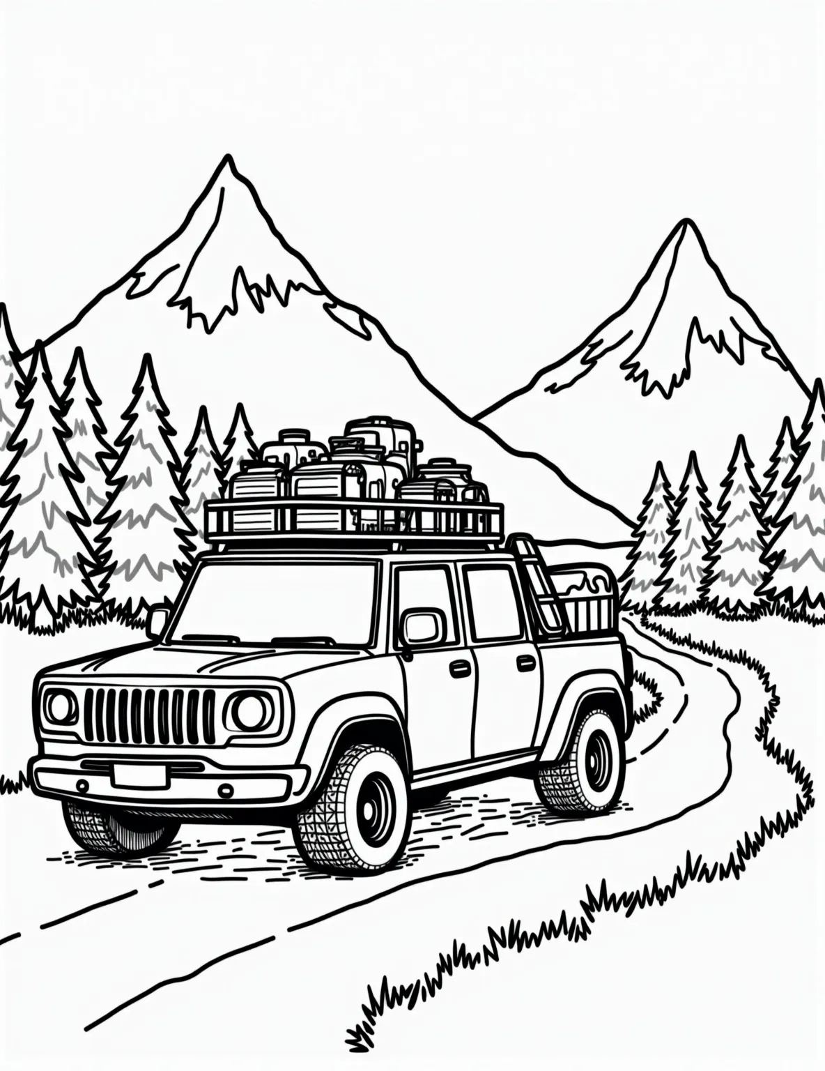 Family SUV Ready for a Road Trip -- prompt: "black lines only Bold outlines frame a cheerful SUV, overflowing with exaggerated camping gear. Stylized mountains rise in the background, their peaks reaching cartoonish heights. The winding highway curves playfully, dotted with simple trees. Perfect for coloring, each element begs for vibrant hues. flat black lines, premium coloring page, coloring sheet, line drawing, Coloring Book, NO COLOR, NO SHADING, WHITE BACKGROUND. NO GRAY, BLACK AND WHITE, NO COLOR" -- Pack your bags and color this family-friendly SUV ready for a grand adventure. Loaded with luggage and outdoor gear, this vehicle represents the excitement of family road trips. It's ideal for those who cherish family time and travel memories.