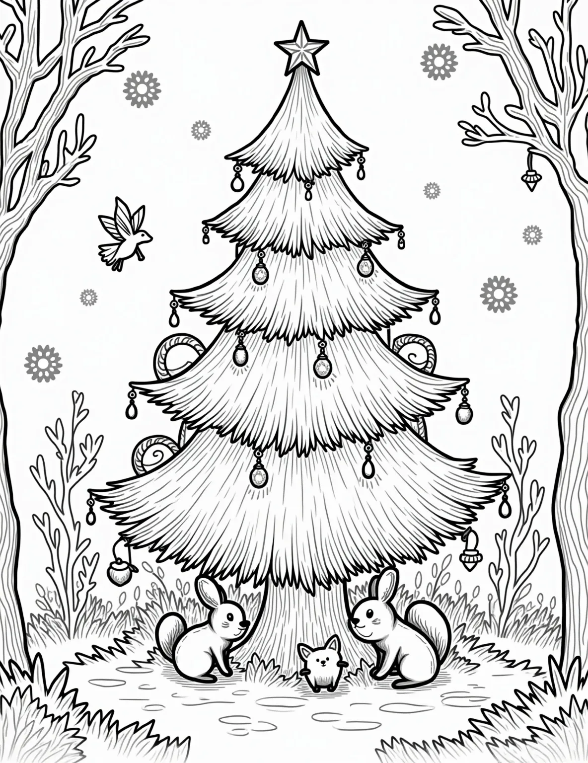 Enchanted Christmas Forest Coloring Page -- prompt: "black lines only Enchanted forest coloring page: Squirrels, rabbits, and deer join fairy companions adorning a towering evergreen. Ornate baubles, acorn garlands, and twinkling lights intertwine branches. Snowflakes dance, outlining magical scenes. Bold lines define charming characters and festive details, perfect for coloring book enthusiasts. flat black lines, premium coloring page, coloring sheet, line drawing, Coloring Book, NO COLOR, NO SHADING, WHITE BACKGROUND. NO GRAY, BLACK AND WHITE, NO COLOR" -- Discover the magic of an enchanted Christmas forest in this whimsical coloring page. Woodland creatures decorate a majestic pine tree with twinkling lights and natural ornaments, while fairies sprinkle magical dust to make it snow. This charming scene is perfect for nature lovers and those who believe in the magic of the season.