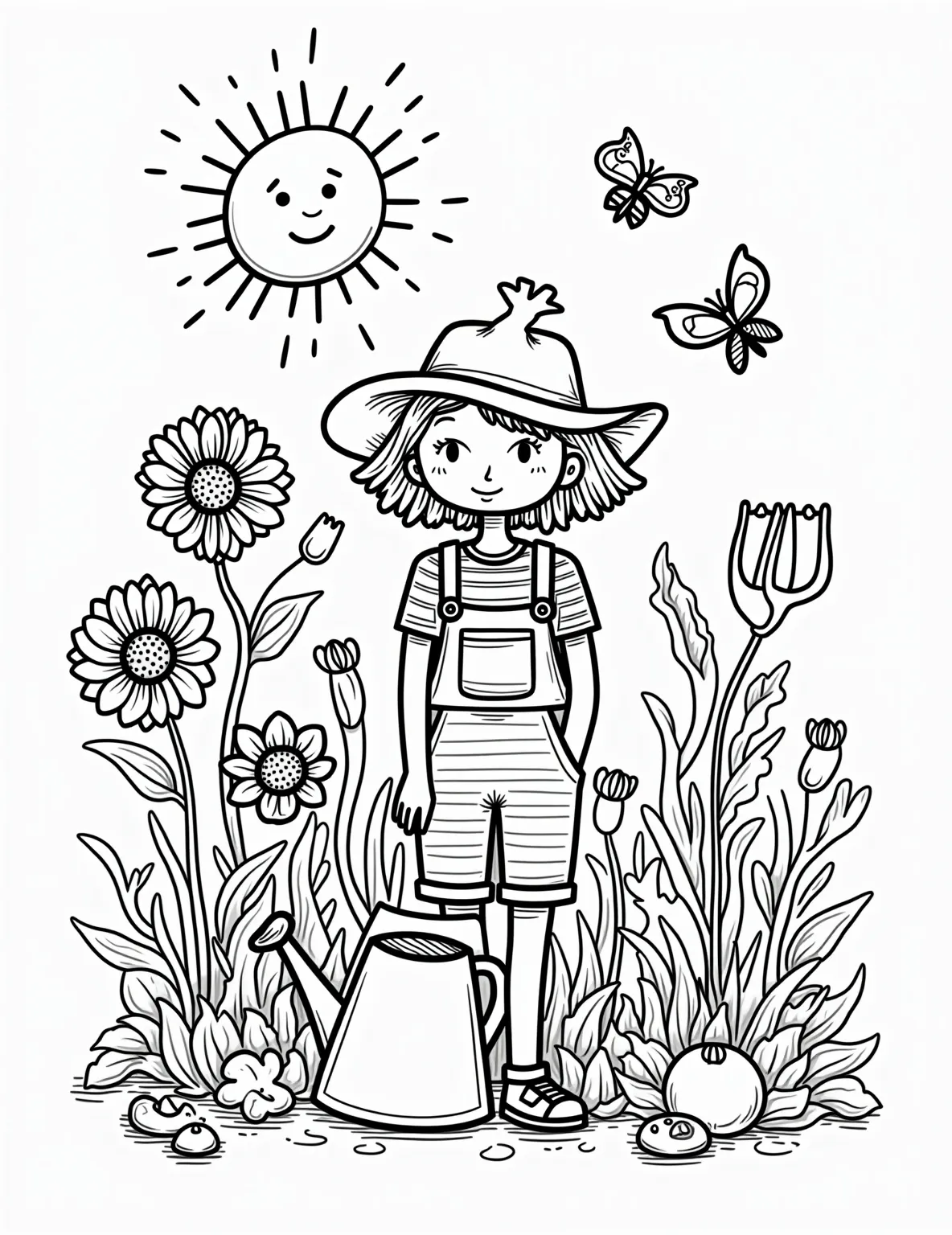 Gardener Girl's Blooming Paradise -- prompt: "black lines only Cheerful girl in sun hat, overalls tending vibrant garden. Bold outlines frame whimsical flowers, buzzing bees, smiling sun. Watering can sprinkles droplets, spade and rake nearby. Playful butterflies dance around. Ladybugs crawl on oversized leaves. Simple shapes perfect for coloring. flat black lines, premium coloring page, coloring sheet, line drawing, Coloring Book, NO COLOR, NO SHADING, WHITE BACKGROUND. NO GRAY, BLACK AND WHITE, NO COLOR" -- Nurture a love for nature with this charming gardener girl coloring page. The young horticulturist is shown tending to a variety of flowers and plants. Her watering can and gardening tools add delightful details to the scene.