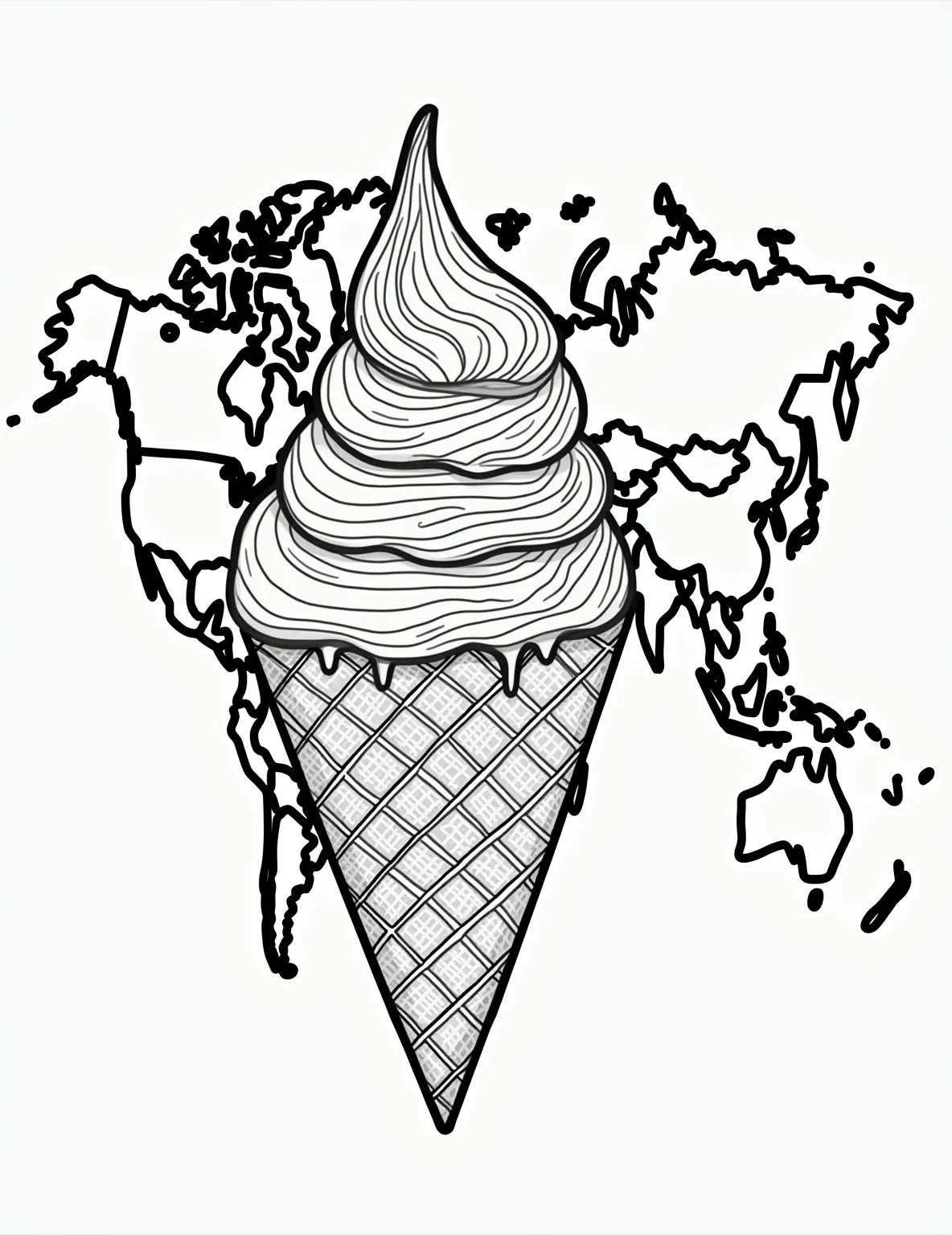 Around the World in Ice Cream -- prompt: "black lines only A playful world map outline with bold, thick lines. Surrounding continents, oversized ice cream cones burst with flavors. Japanese matcha, Italian gelato, Mexican paletas, and more. Swirls, sprinkles, and waffle patterns adorn each treat. Perfect for coloring and exploring global desserts. flat black lines, premium coloring page, coloring sheet, line drawing, Coloring Book, NO COLOR, NO SHADING, WHITE BACKGROUND. NO GRAY, BLACK AND WHITE, NO COLOR" -- Take a global tour of ice cream with this international-themed coloring page. Various ice cream styles from different countries are featured, each with unique flavors and presentations. This educational and fun page is great for learning about world cultures through desserts.