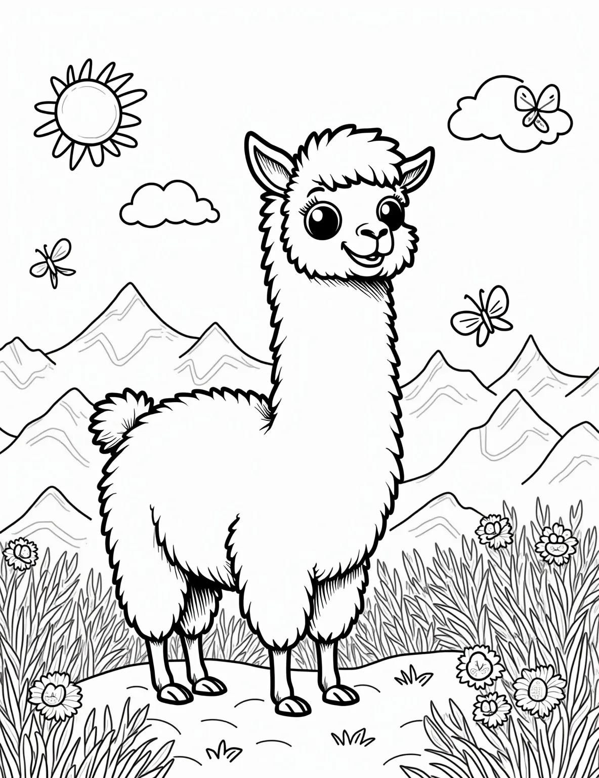 Fluffy Alpaca's Mountain Meadow -- prompt: "black lines only Adorable cartoon alpaca with exaggerated fluffy coat, wide eyes, and cheerful expression. Standing in stylized mountain meadow bursting with oversized, simplified wildflowers. Bold outlines, flat colors, and minimal shading. Perfect for coloring book pages. Cute, playful scene encouraging creativity flat black lines, premium coloring page, coloring sheet, line drawing, Coloring Book, NO COLOR, NO SHADING, WHITE BACKGROUND. NO GRAY, BLACK AND WHITE, NO COLOR" -- Bring a touch of whimsy to your coloring with this charming alpaca page. The alpaca is standing in a mountain meadow, surrounded by colorful wildflowers. This page is perfect for those who love cute, fluffy animals and pastoral scenes.