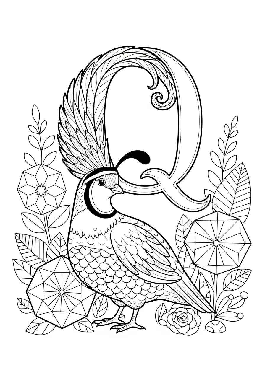 Quirky Quail's Quilted Garden Coloring Page -- prompt: "black lines only Cheerful quail with bold curved plume forming letter Q, standing proudly in garden surrounded by large geometric quilt-pattern flowers and leaves, thick black outlines, simple shapes, coloring book style illustration flat black lines, premium coloring page, coloring sheet, line drawing, Coloring Book, NO COLOR, NO SHADING, WHITE BACKGROUND. NO GRAY, BLACK AND WHITE, NO COLOR" -- Discover this charming 'Q' coloring page featuring a quaint quail in a patterned garden! The quail's distinctive plume curves perfectly to form the letter Q while it explores a garden filled with geometric flower patterns. This detailed design appeals to both children learning letters and adults who enjoy intricate quilting-inspired artwork.