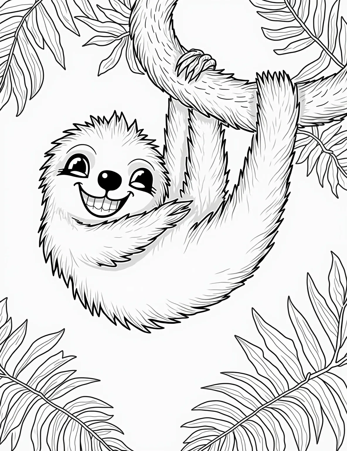 Sleepy Sloth Hanging Around Coloring Page -- prompt: "black lines only Adorable sloth with exaggerated features, hanging upside-down from curvy tree branch. Surrounded by oversized, simplified tropical leaves. Bold outlines define shapes. Large, cheerful eyes and wide grin. Playful patterns on fur and foliage. Perfect for coloring book fun. flat black lines, premium coloring page, coloring sheet, line drawing, Coloring Book, NO COLOR, NO SHADING, WHITE BACKGROUND. NO GRAY, BLACK AND WHITE, NO COLOR" -- Slow down and relax with this endearing sloth coloring page. The laid-back creature hanging upside down from a branch embodies the art of taking it easy. Ideal for both children and adults who appreciate unique animals and stress-relieving coloring activities.