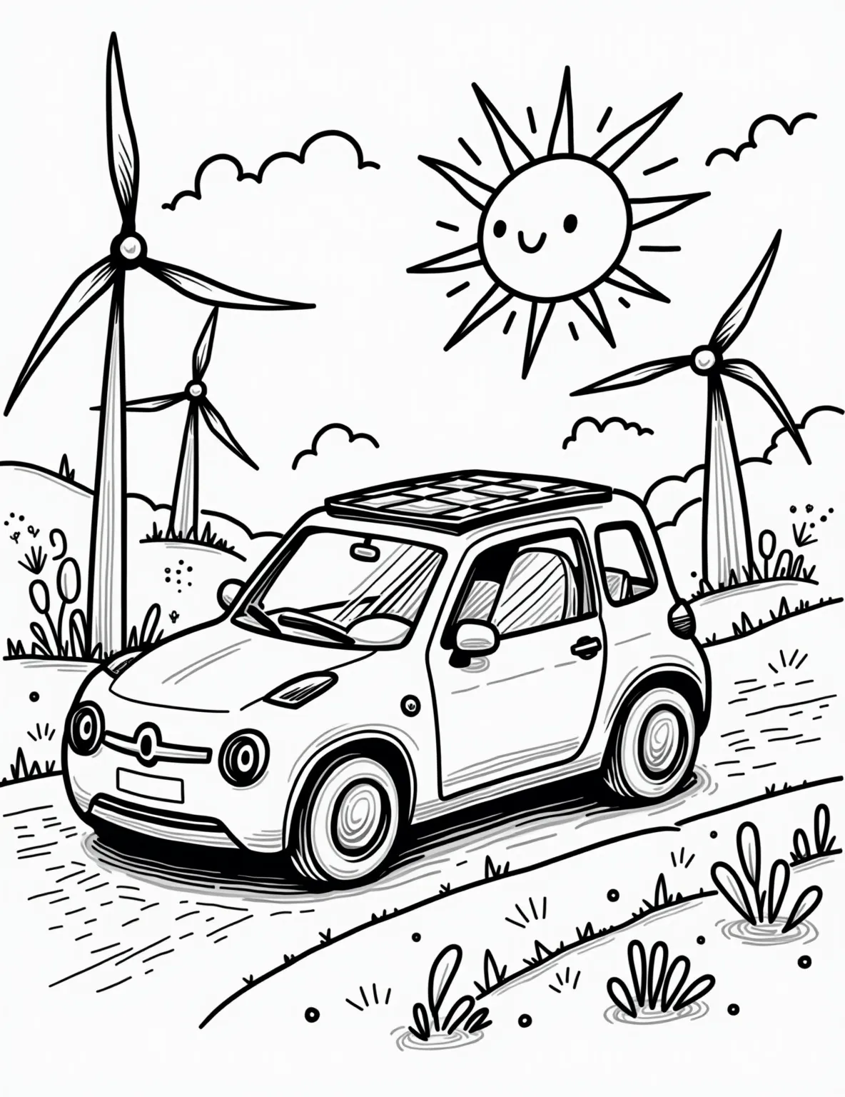 Solar-Powered Car of Tomorrow -- prompt: "black lines only Chunky outline of sleek electric car, bold solar panel patterns on roof and hood. Curvy road with exaggerated sun rays. Oversized wind turbines and water droplets frame scene. Simple renewable energy icons scattered playfully. Large, empty spaces for coloring enthusiasts. flat black lines, premium coloring page, coloring sheet, line drawing, Coloring Book, NO COLOR, NO SHADING, WHITE BACKGROUND. NO GRAY, BLACK AND WHITE, NO COLOR" -- Color the future green with this innovative solar-powered car. Covered in sleek solar panels and sporting an aerodynamic design, this vehicle represents the potential of sustainable transportation. It's perfect for environmentally conscious colorists and technology enthusiasts.