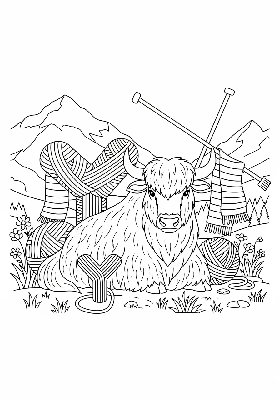 Youthful Yak's Yarn Craft Circle Coloring Page -- prompt: "black lines only Fun coloring book style page featuring cheerful fluffy yak with thick black outlines sitting in alpine meadow, surrounded by bold Y-shaped yarn bundles, oversized knitting needles, patterned half-finished scarves draped nearby, simple clean lines perfect for coloring flat black lines, premium coloring page, coloring sheet, line drawing, Coloring Book, NO COLOR, NO SHADING, WHITE BACKGROUND. NO GRAY, BLACK AND WHITE, NO COLOR" -- Join this cozy 'Y' coloring page featuring a young yak working with colorful yarn! The yak sits in a mountain meadow with yarn arranged in Y-shaped patterns around it, creating scarves and mittens. This heartwarming scene teaches the letter Y while celebrating traditional crafts and the importance of staying warm in mountain climates.
